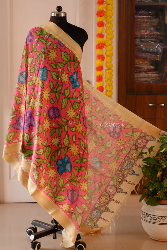 Pen Kalamkari Hand Painted Bangalore Silk Dupatta | Pink Red | 36"