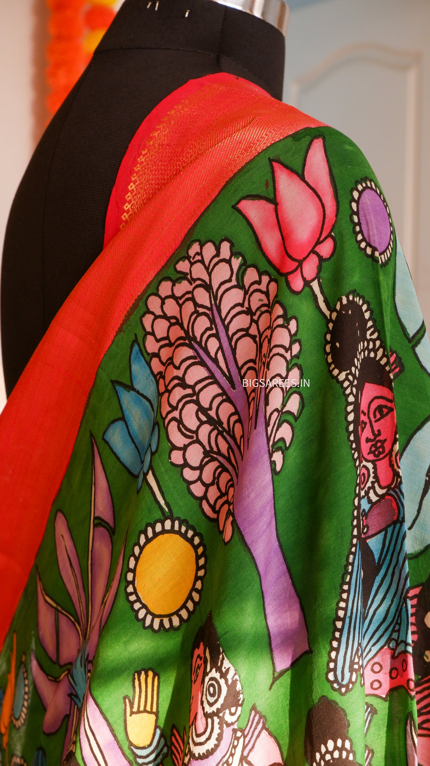 Pen Kalamkari Hand Painted Bangalore Silk Dupatta | Chili Green | 36"