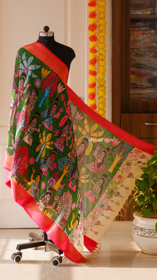 Pen Kalamkari Hand Painted Bangalore Silk Dupatta | Chili Green | 36"
