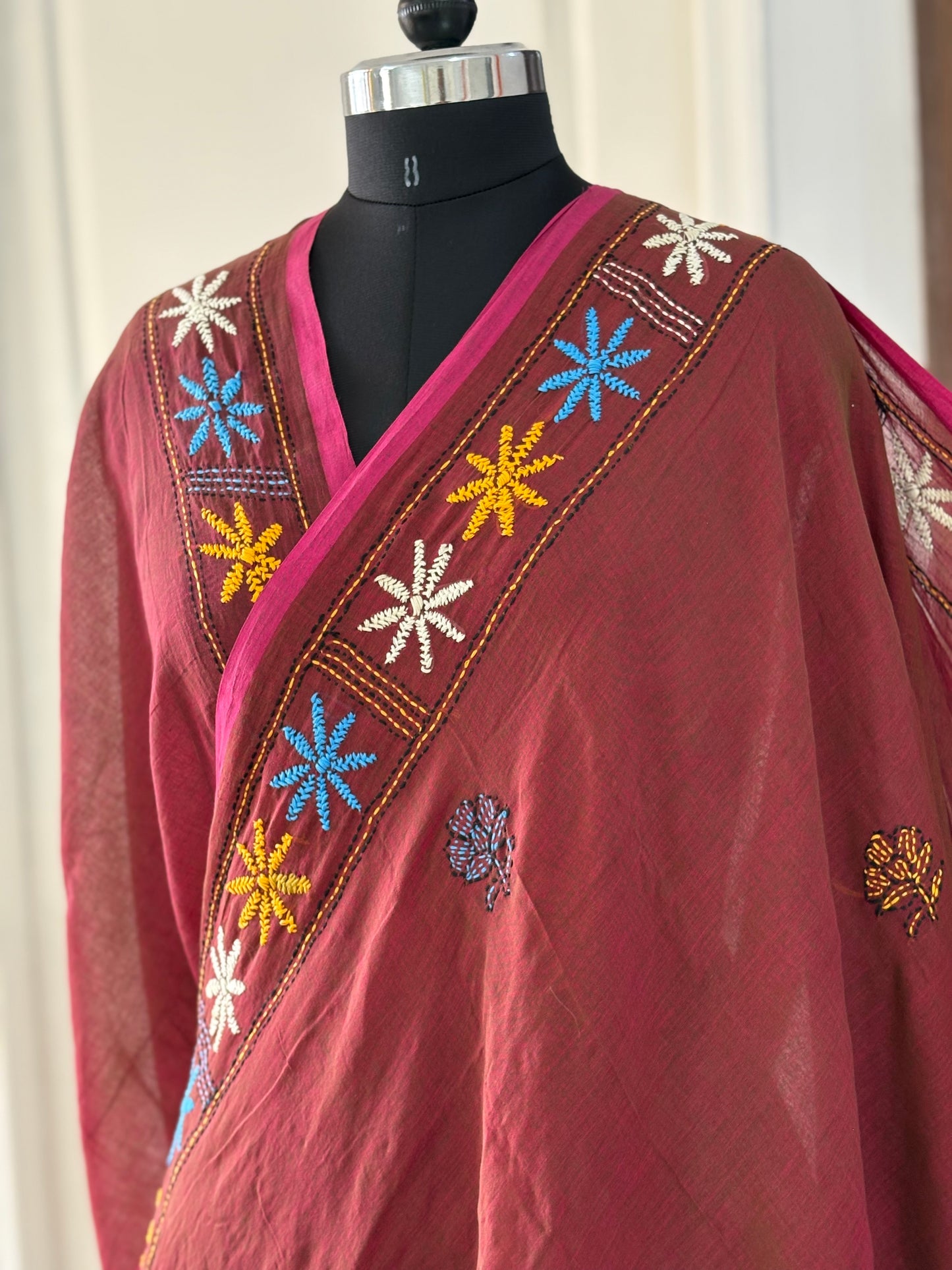 Kantha stitch Hand Embroidered Pure mul Cotton Saree