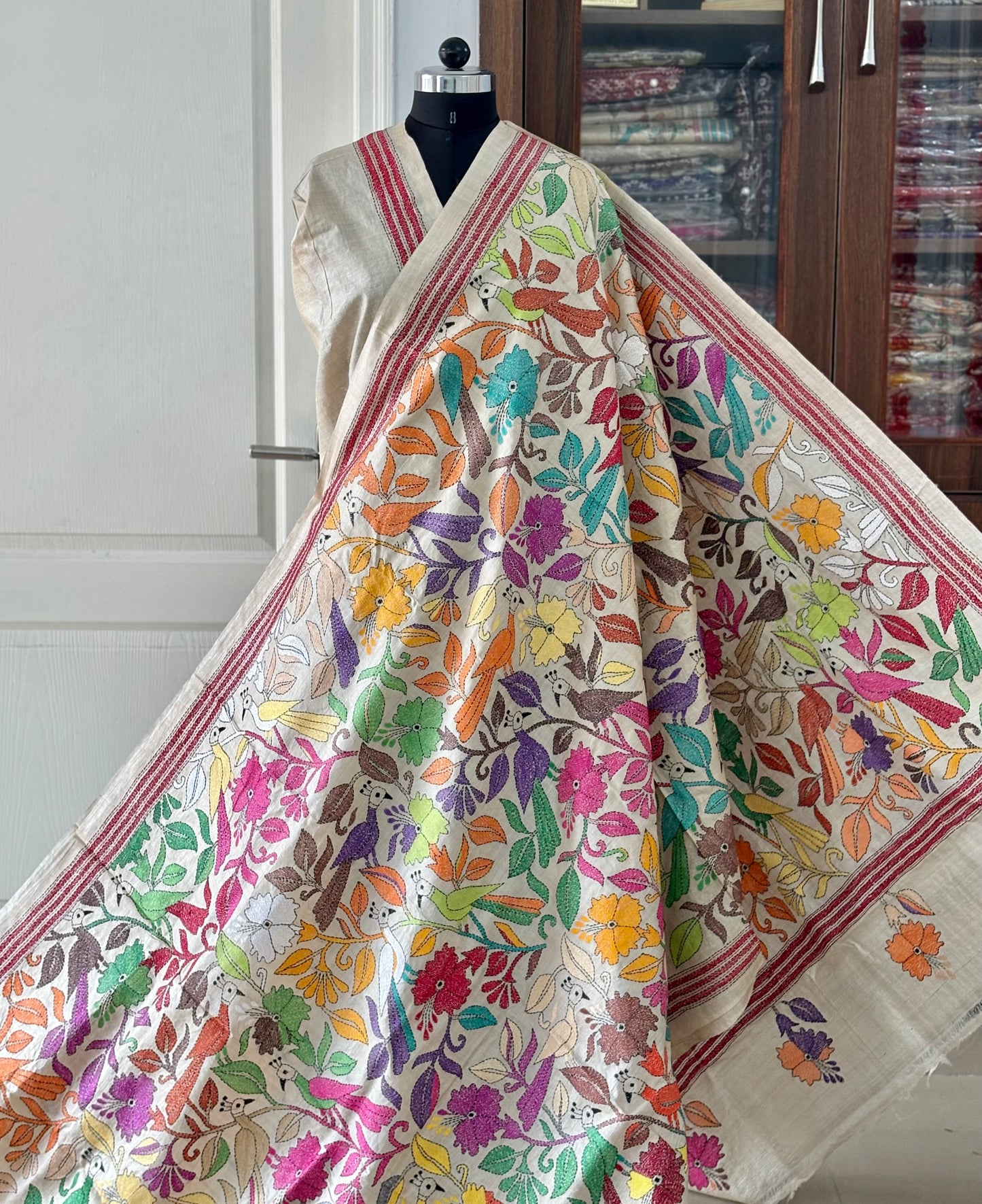 Kantha Hand Embroidered Pure Gachi Tassar Silk Saree - Silk Marked