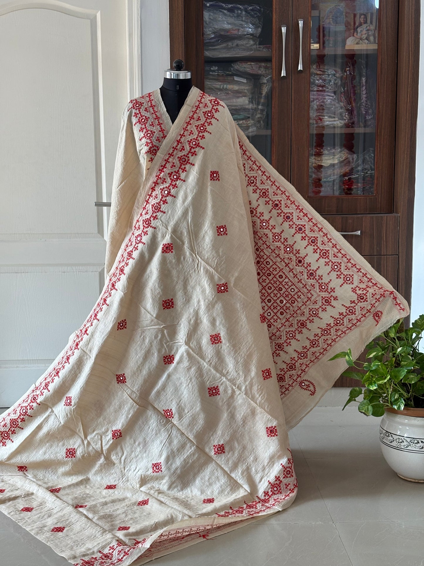 Kutch Hand Embroidered Pure Gachi Tassar Silk Saree with real mirror work