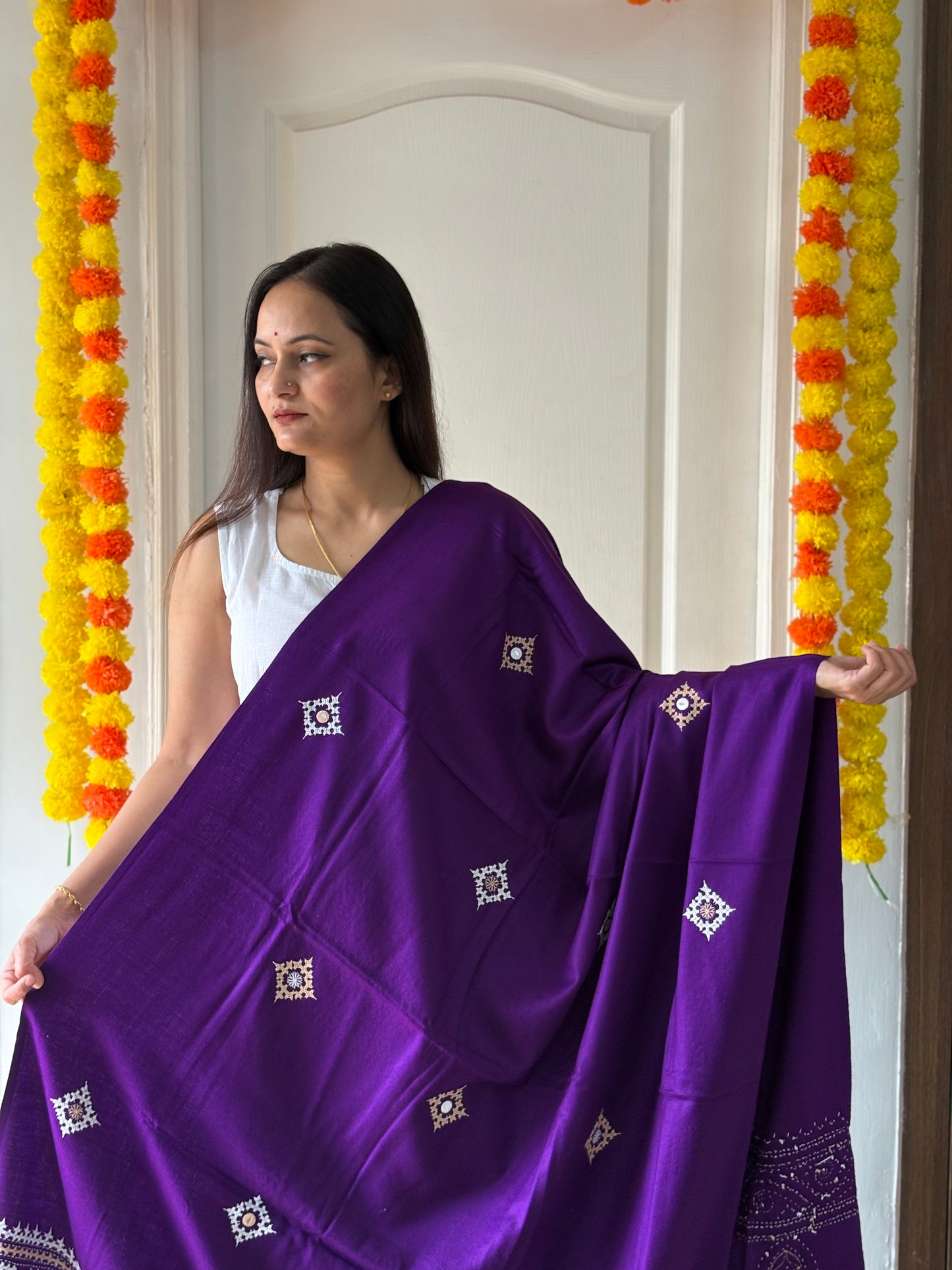 Gujrati Stitch Hand Embroidered Woollen Warm Shawl