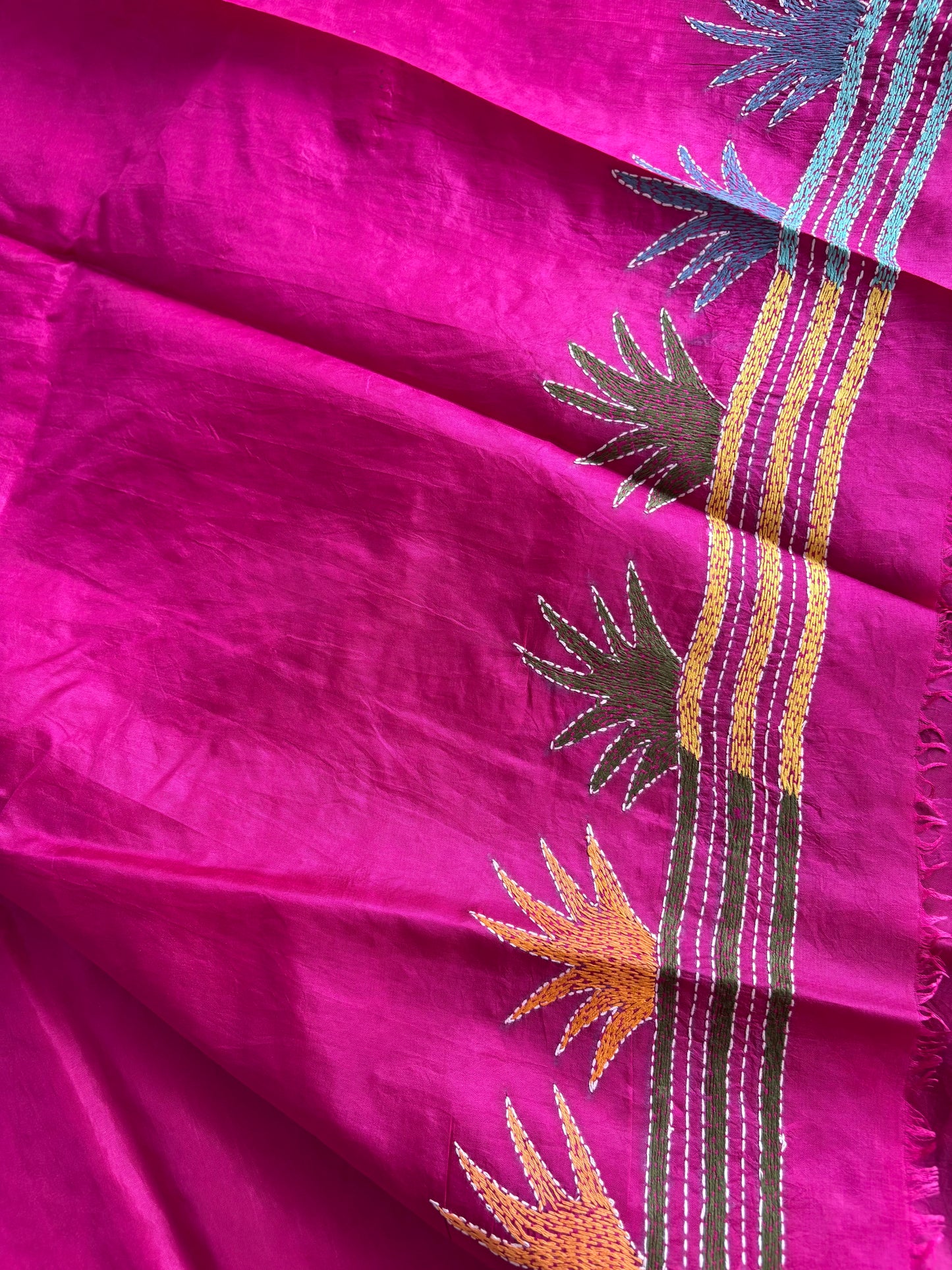 Kantha Stitch Hand Embroidered Pure Banglore Silk Batik Saree (Silk Marked)