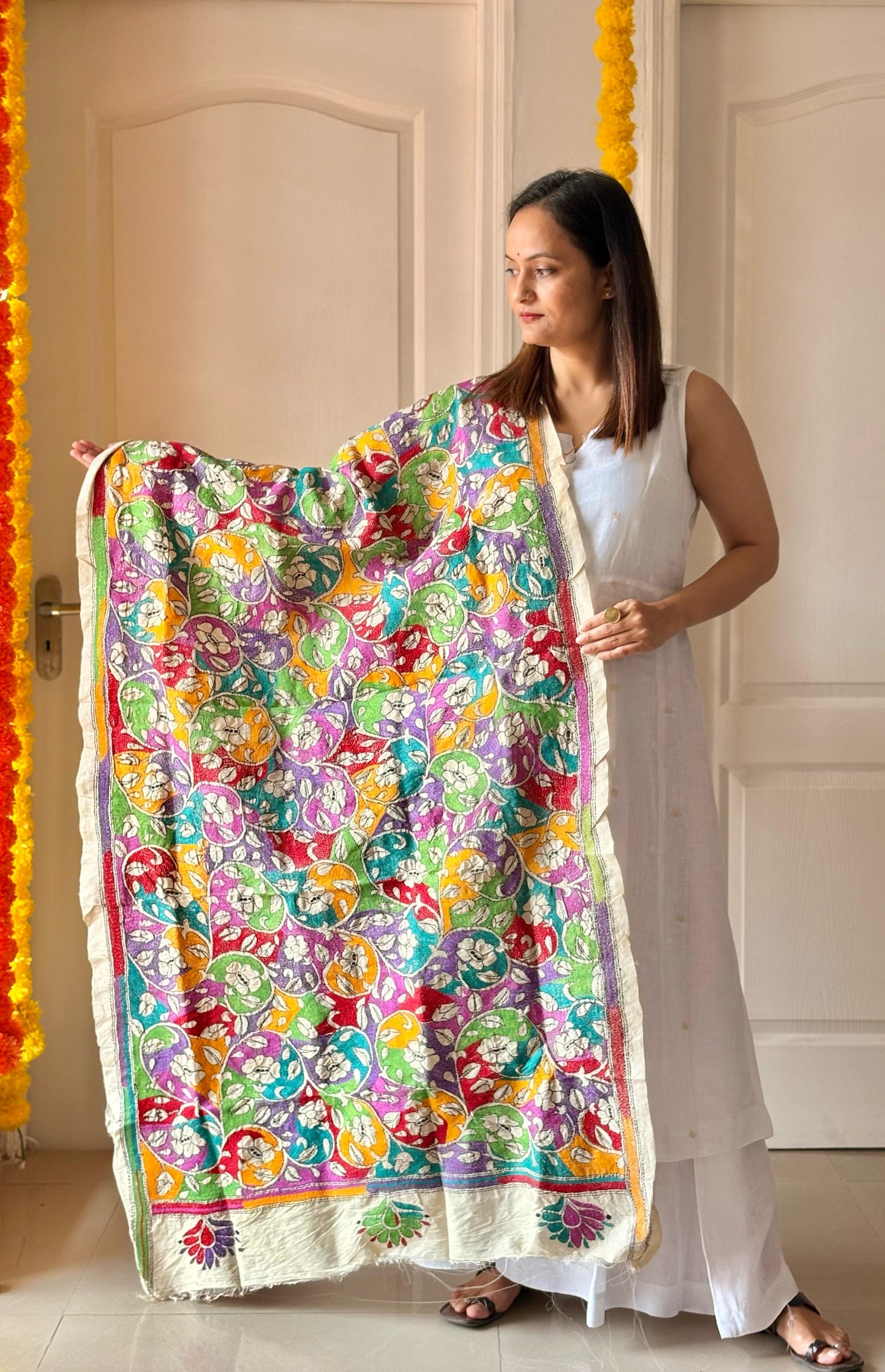 Kantha Hand Embroidary Full Work Semi Tusshar Silk Dupatta 36”