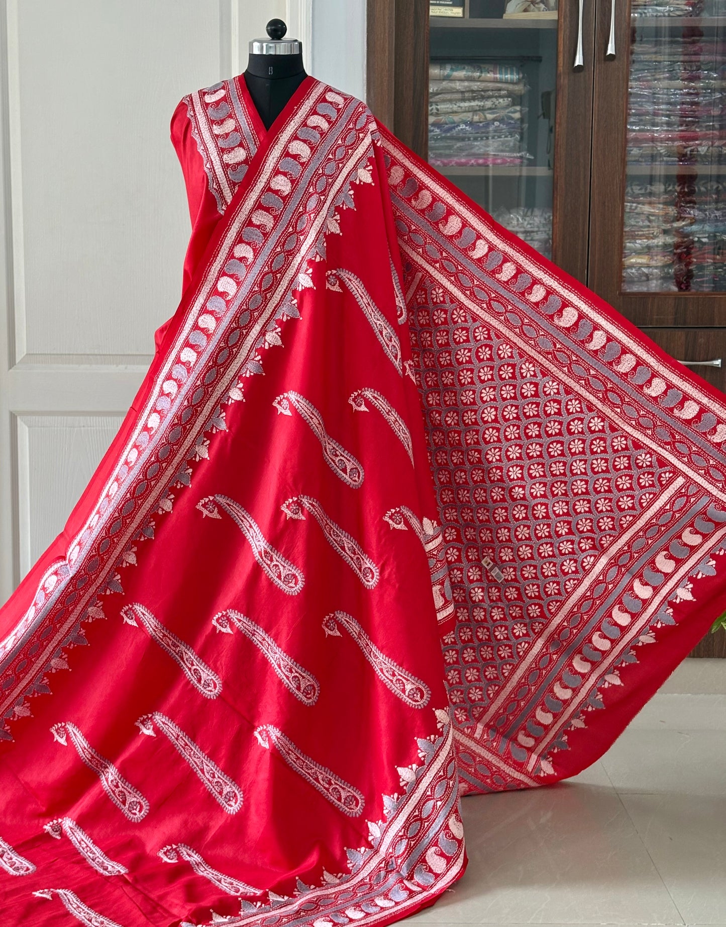 Red Kantha Stitch Hand Embroidered Pure Banglore Silk Saree (Silk Marked)