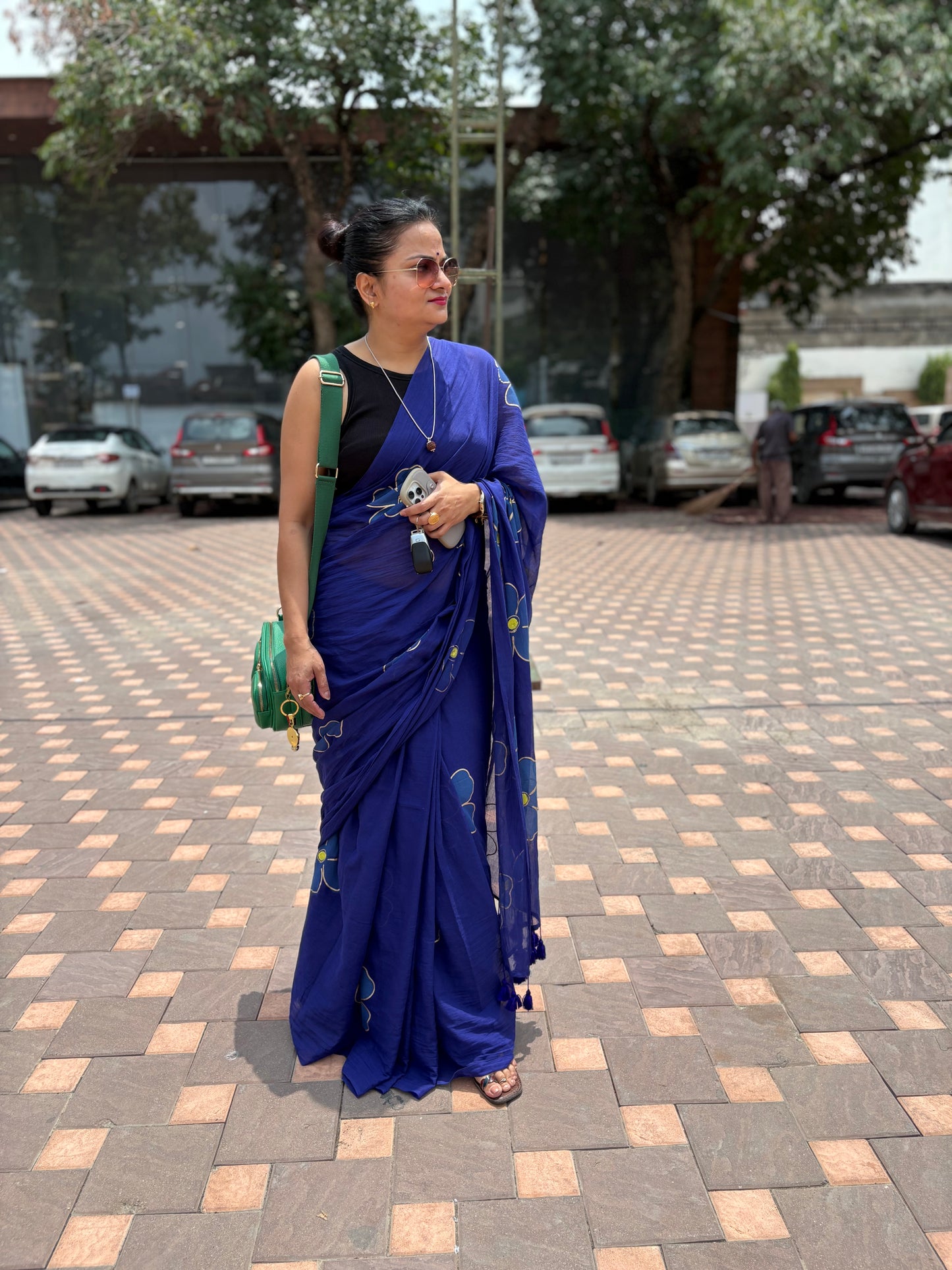 Hand Painted Mul Cotton Saree - Dark Blue