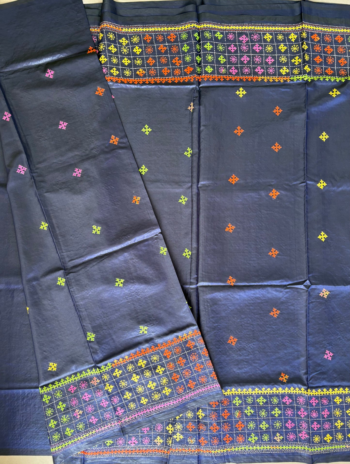 Gujrati Stitch/Kutch Hand Embroidered Art Silk Saree