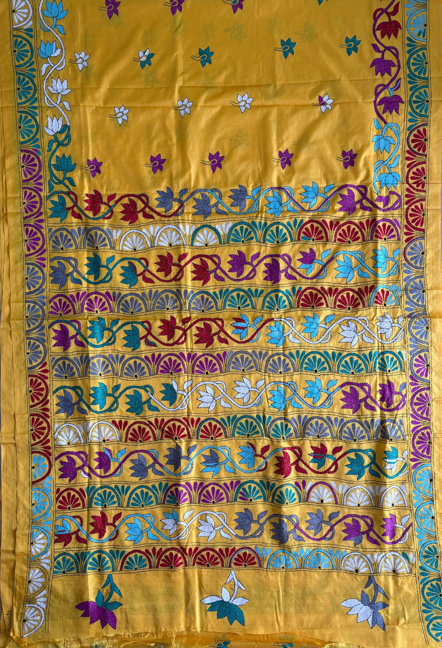 Kantha Hand Embroidered Blended Banglore Silk/Art Silk Saree With Blouse