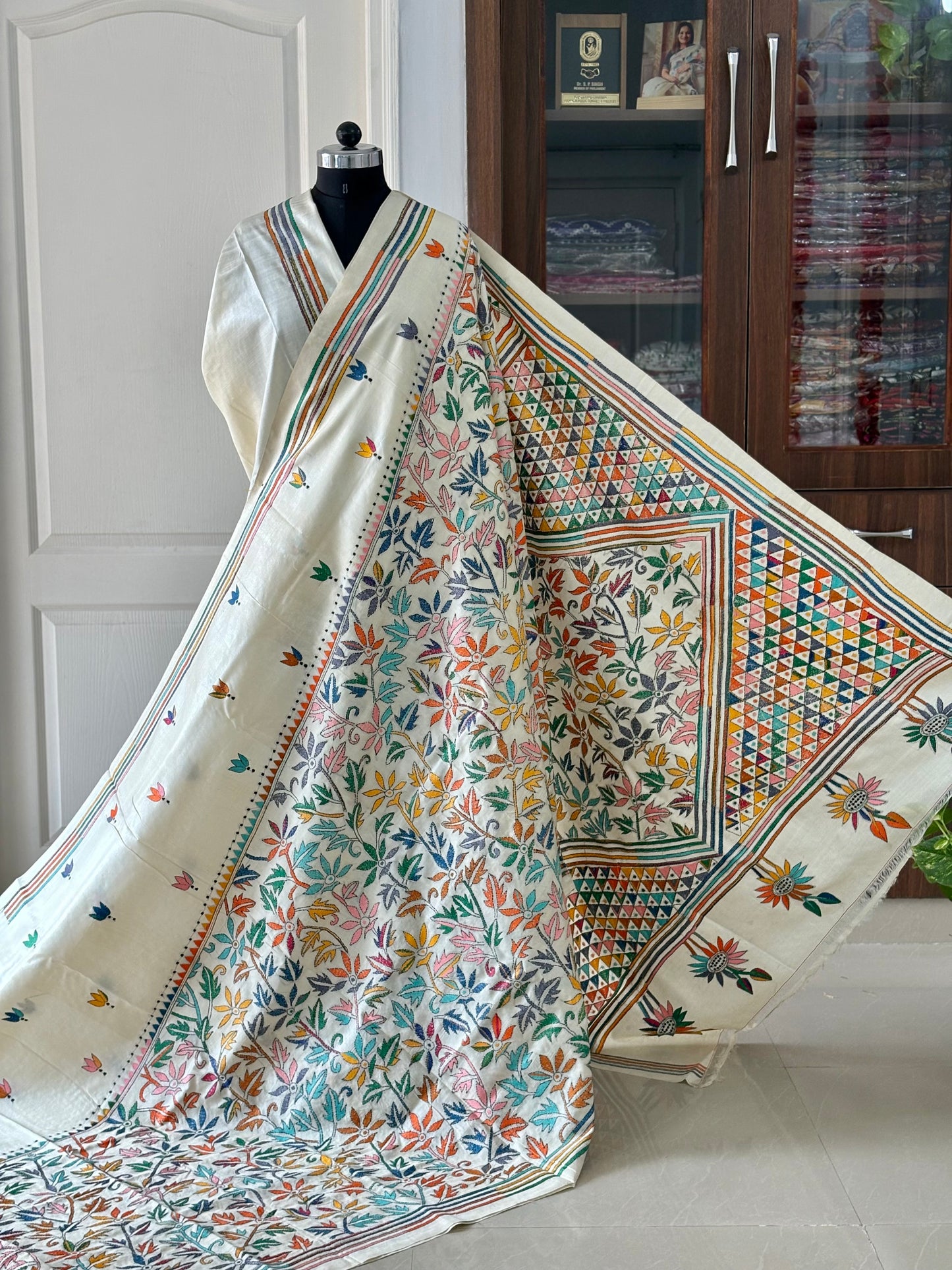 Off White Kantha Hand Embroidered Pure Tassar Silk Saree