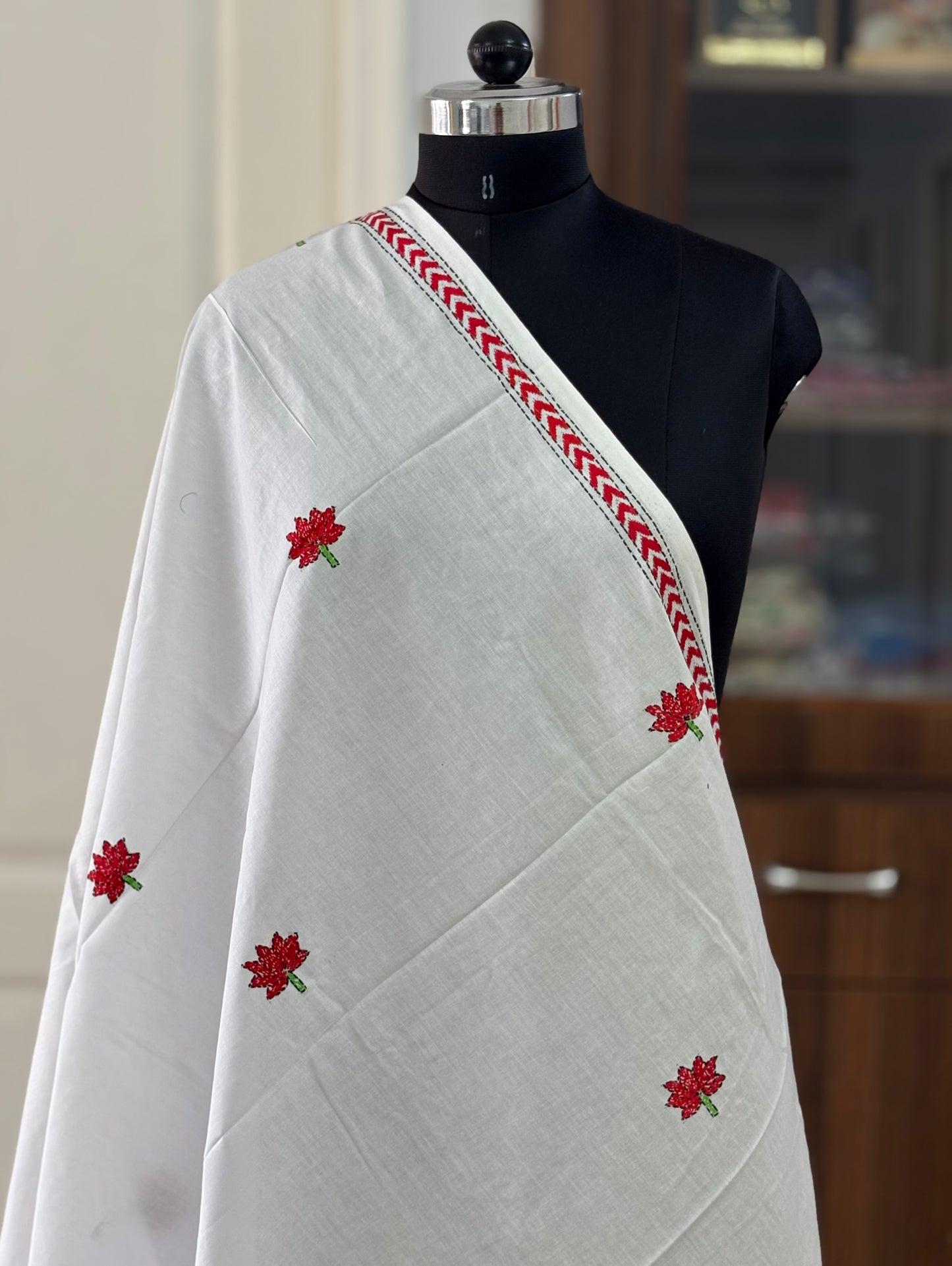 Kantha Hand Embroidary Full Work Pure Cotton Dupatta- white “36”