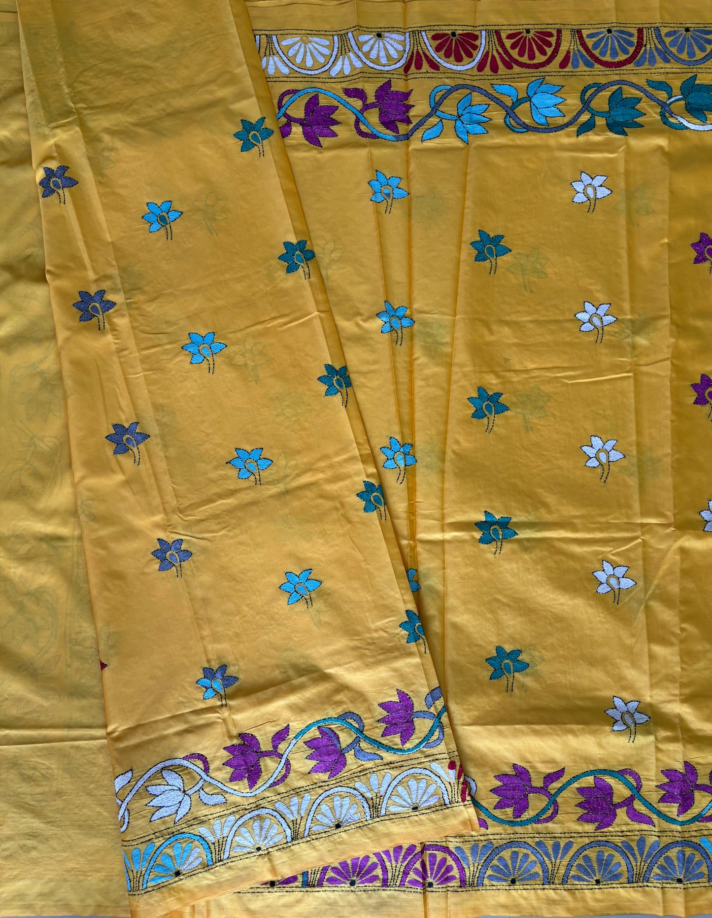 Kantha Hand Embroidered Blended Banglore Silk/Art Silk Saree With Blouse