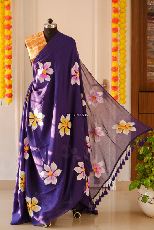 Hand Painted Mul Cotton Saree with Blouse | blue