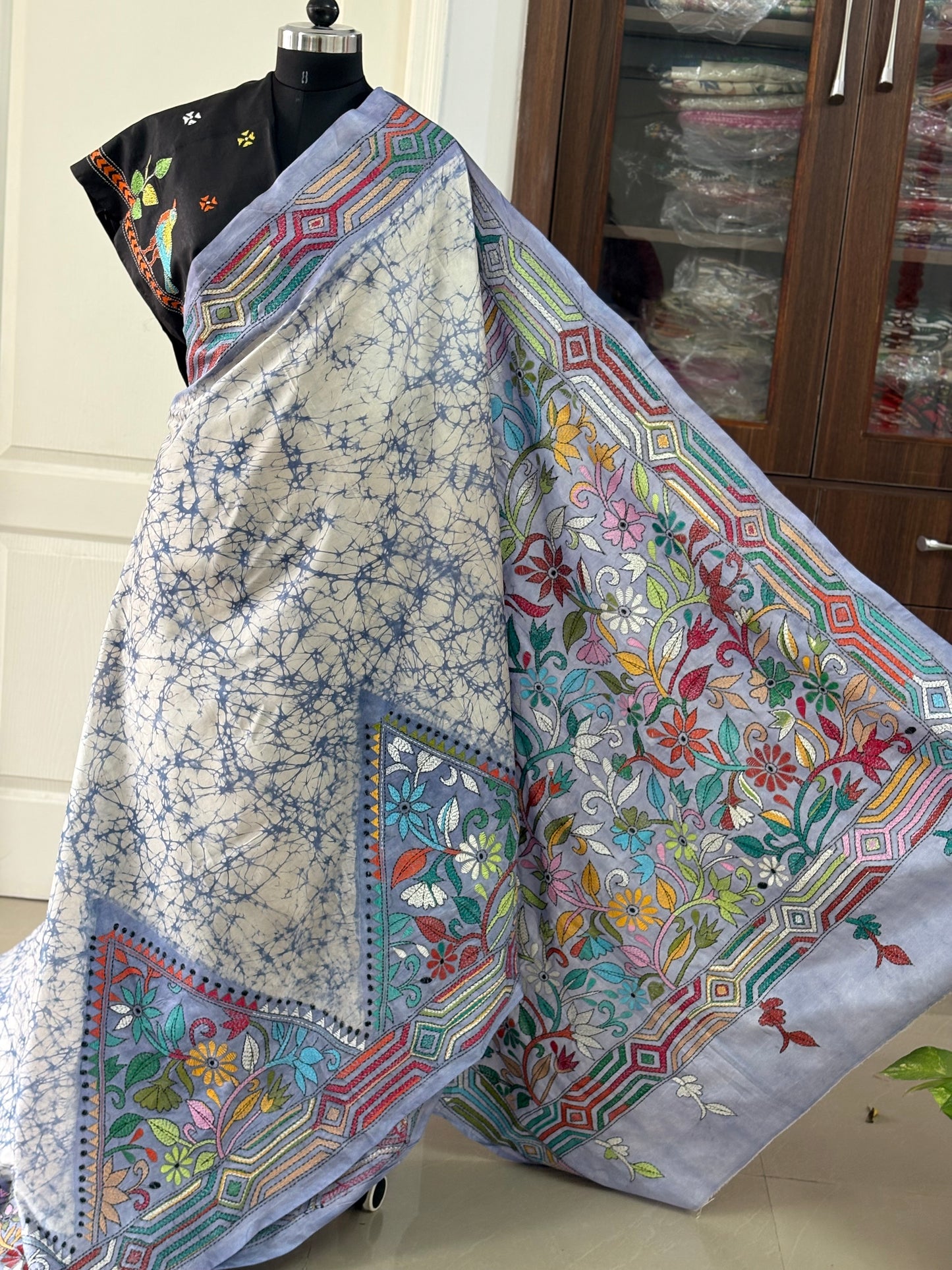 Kantha Hand Embroidered Hand Batik Art Silk Saree With Blouse
