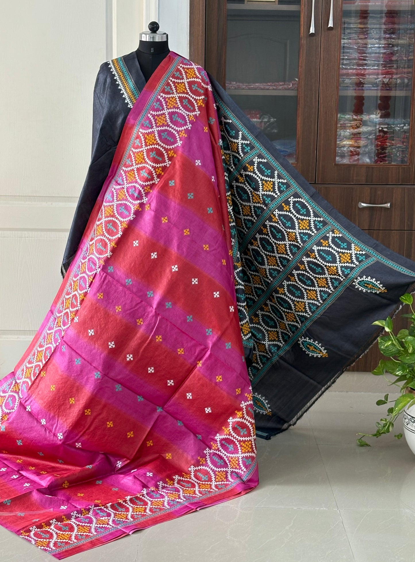 Kutch work/Gujrati stitch Hand Embroidered Pure Tassar Silk Saree