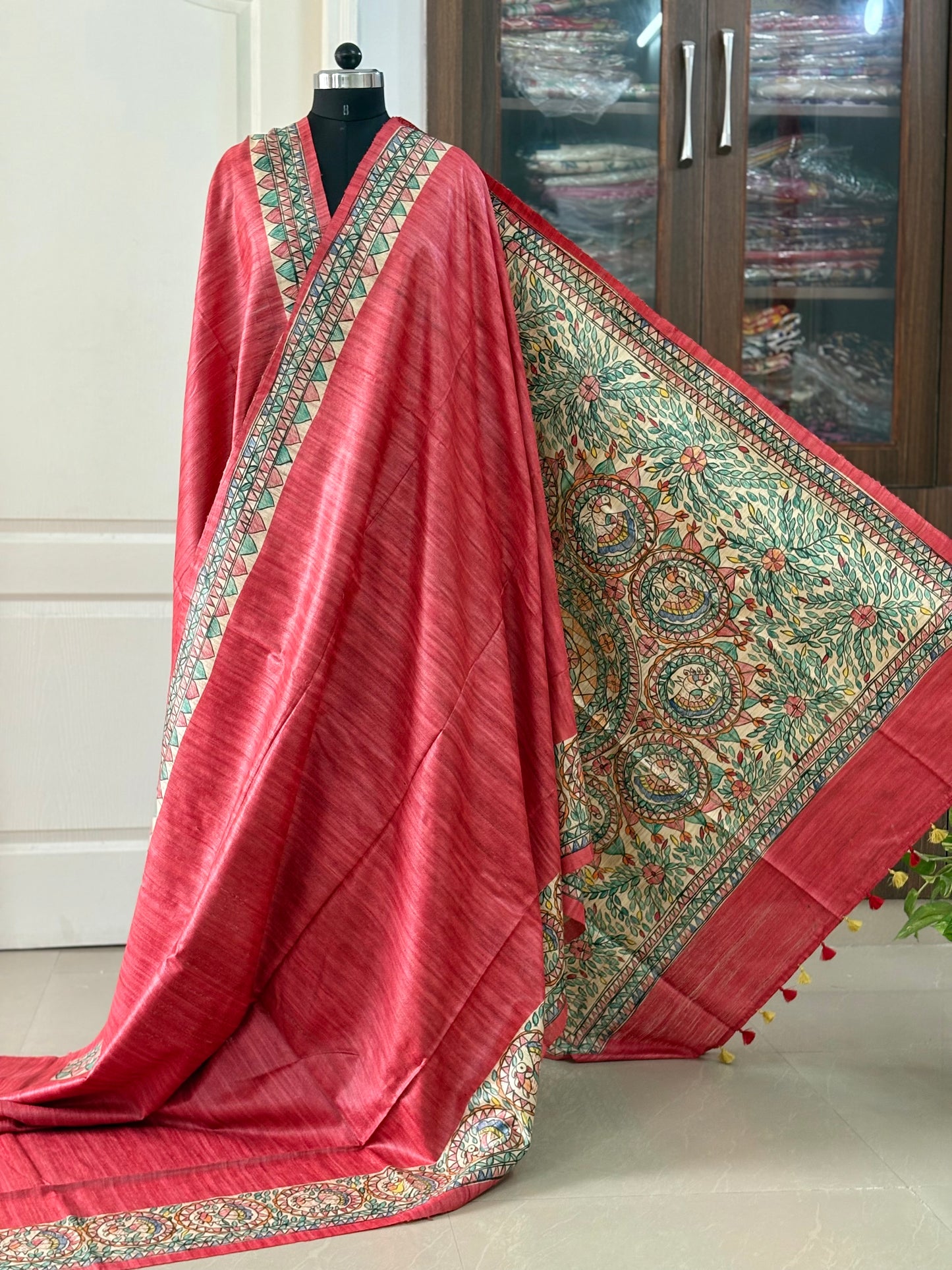 Pure Tussar Ghicha Silk Handcrafted Madhubani Saree (Silk Marked)