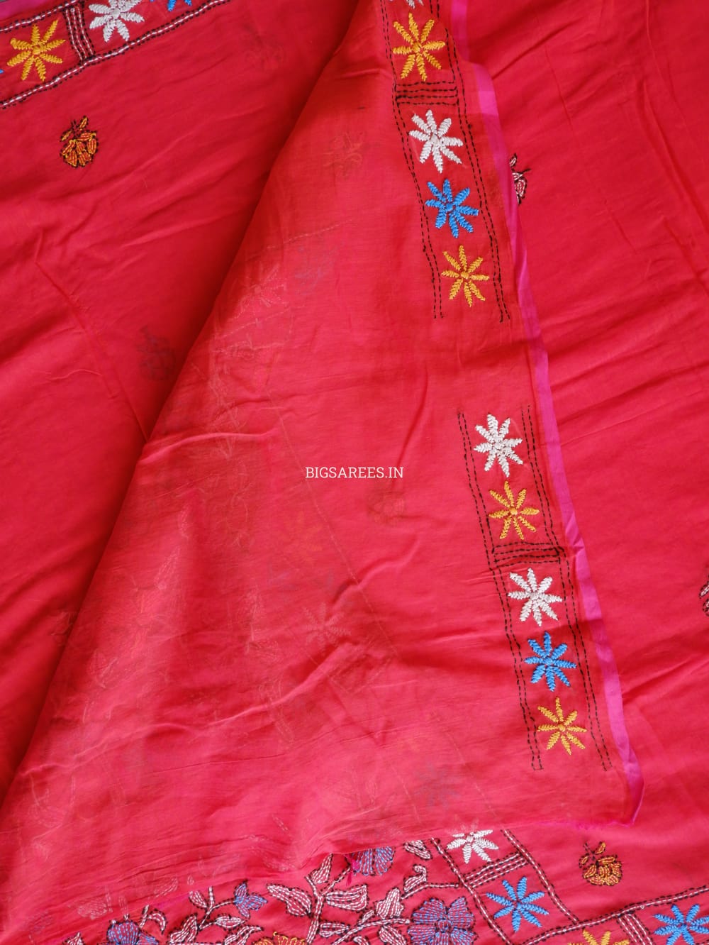 Kantha stitch Hand Embroidered Pure mul Cotton Saree