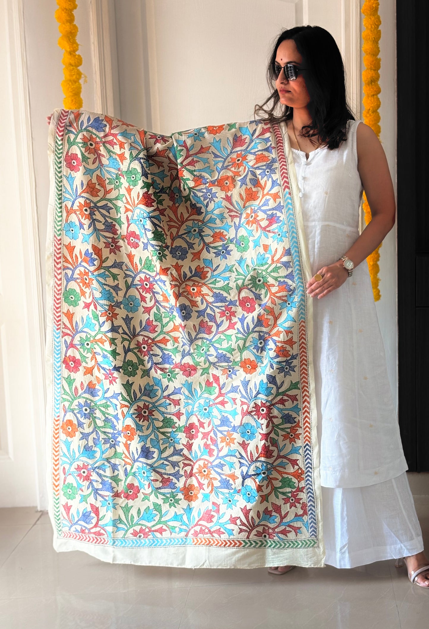 Nakshi Kantha Hand Embroidary Full Work Semi Tusshar Silk Dupatta 36”