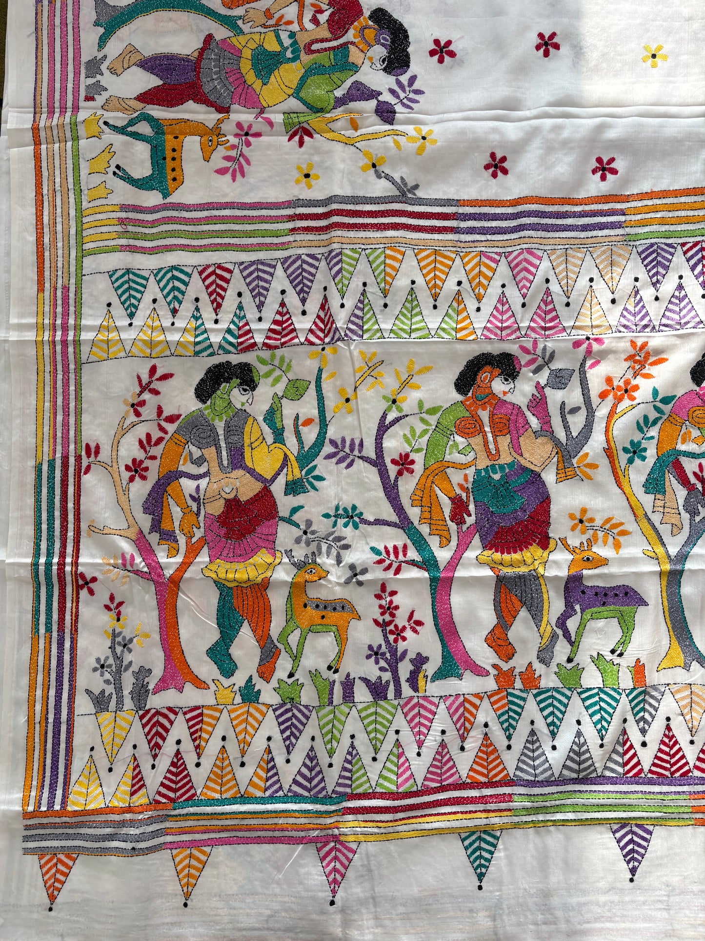 Kantha Hand Embroidered Blended Banglore Silk/Art Silk Saree With Blouse