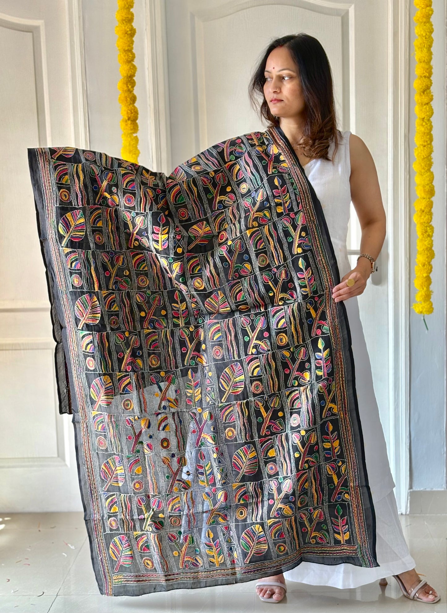 Kantha Hand Embroidary Full Work Tye Dye Semi Tusshar Silk Dupatta
