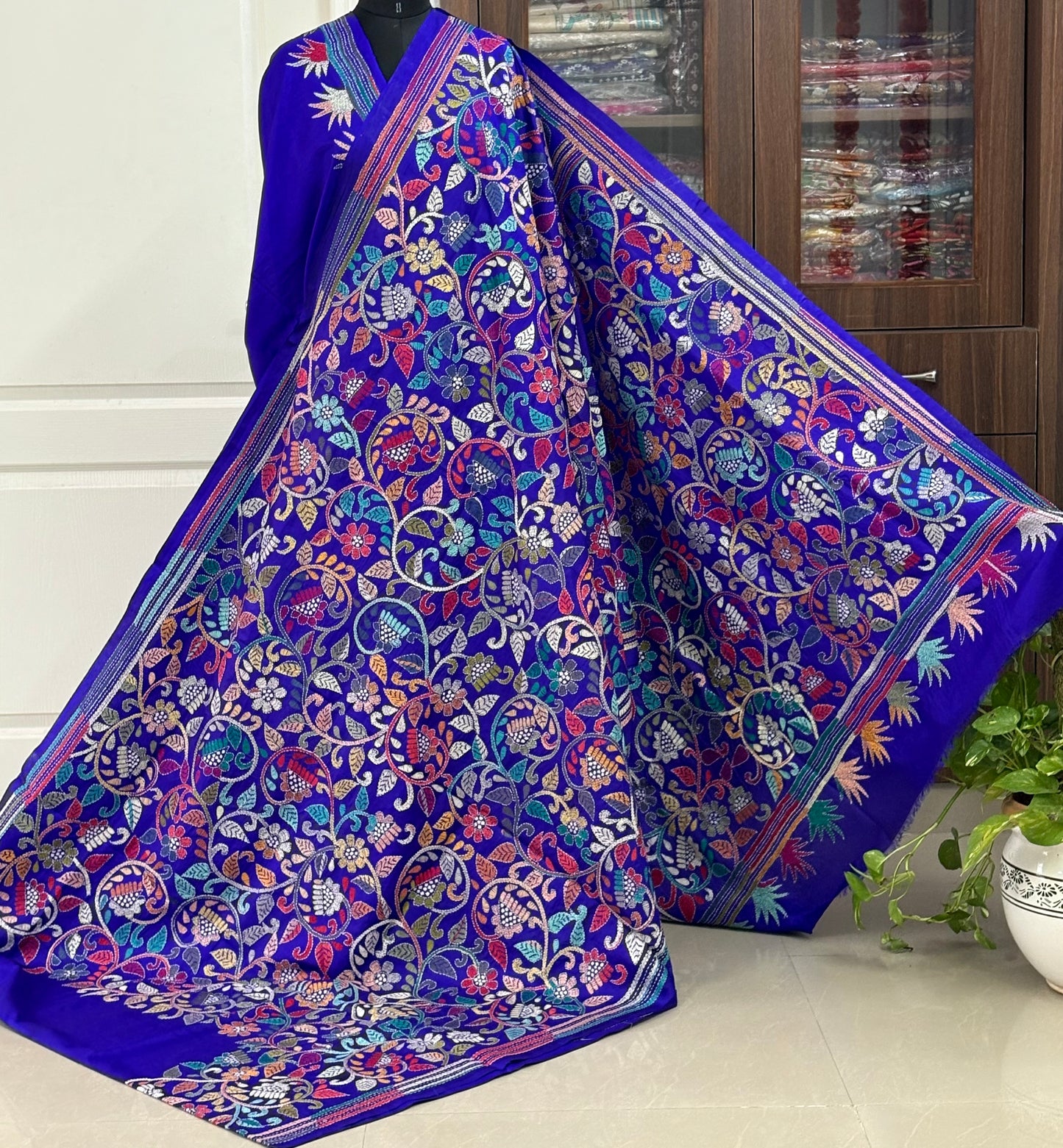 Kantha Hand Embroidered Pure Banglore Silk Saree (Silk Marked)