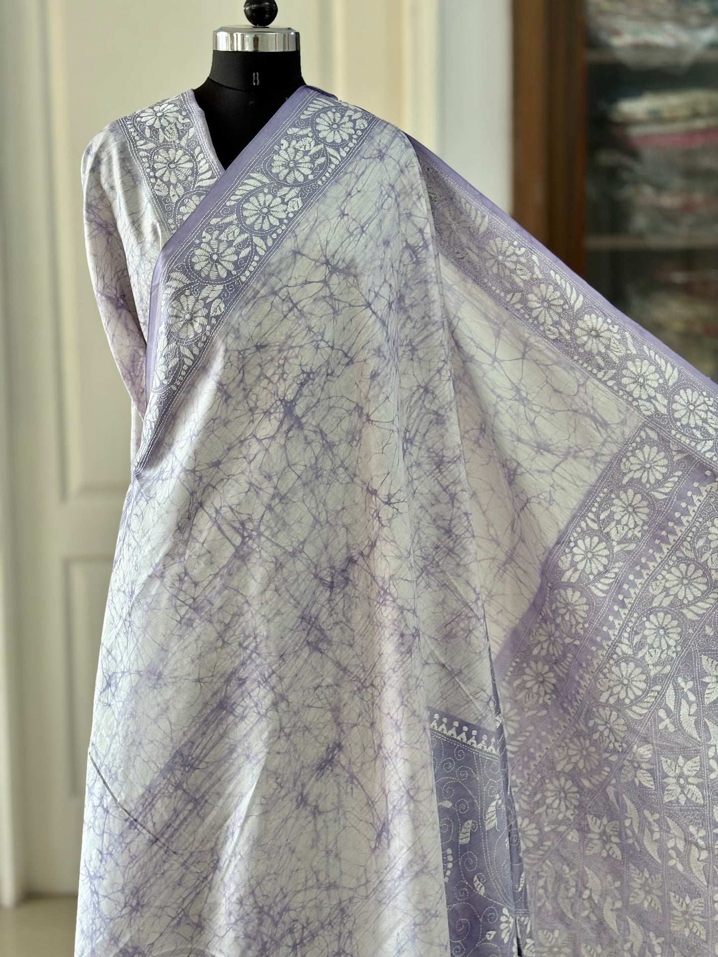 Hand Embroidered Kantha Stitch Saree in Artificial Silk