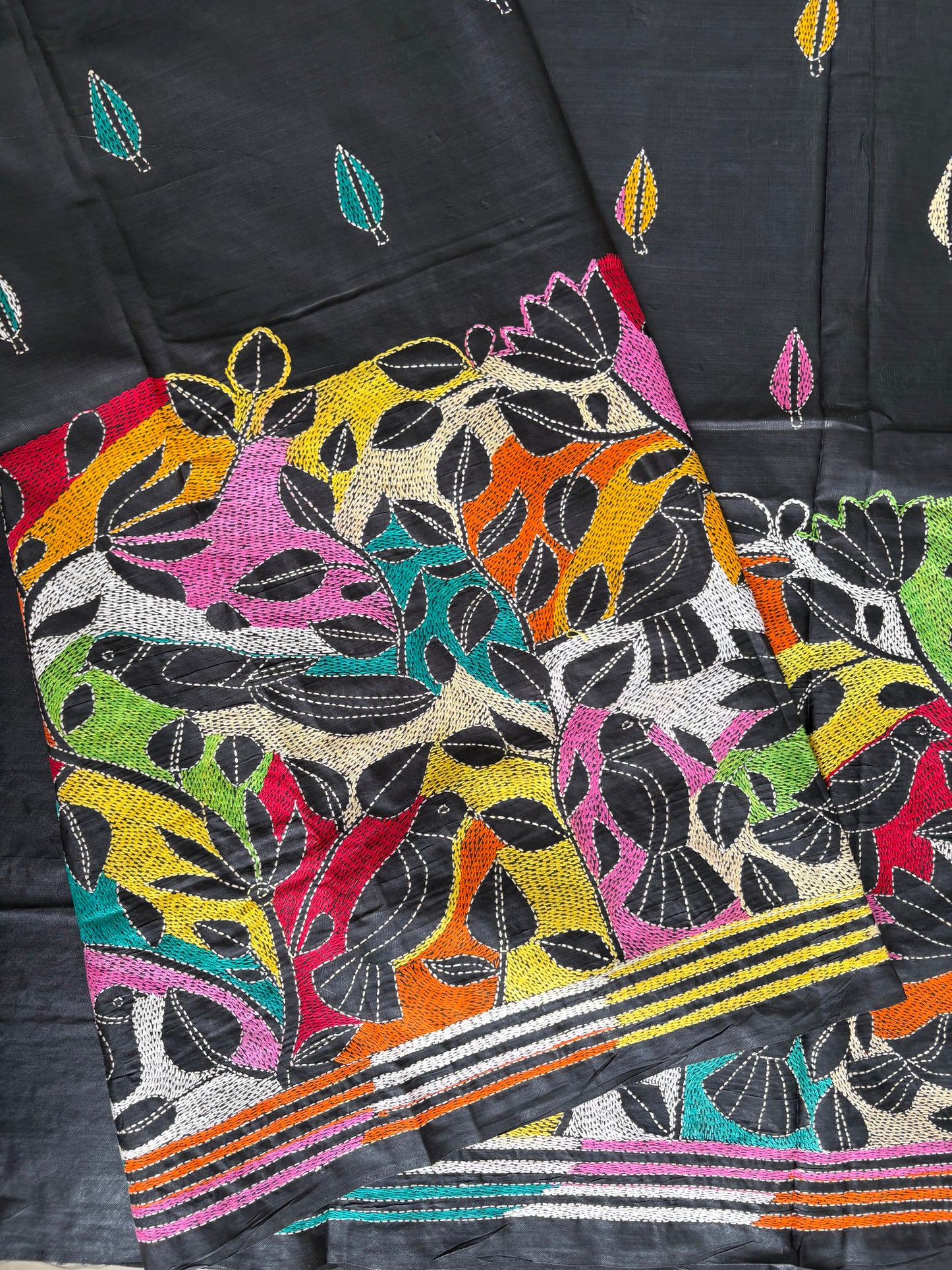 Reverse Kantha Stitch Hand Embroidered Art Silk Saree With Blouse
