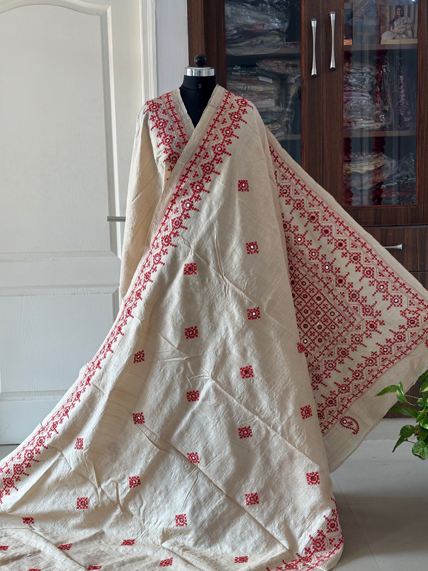 Kutch Hand Embroidered Pure Gachi Tassar Silk Saree with real mirror work