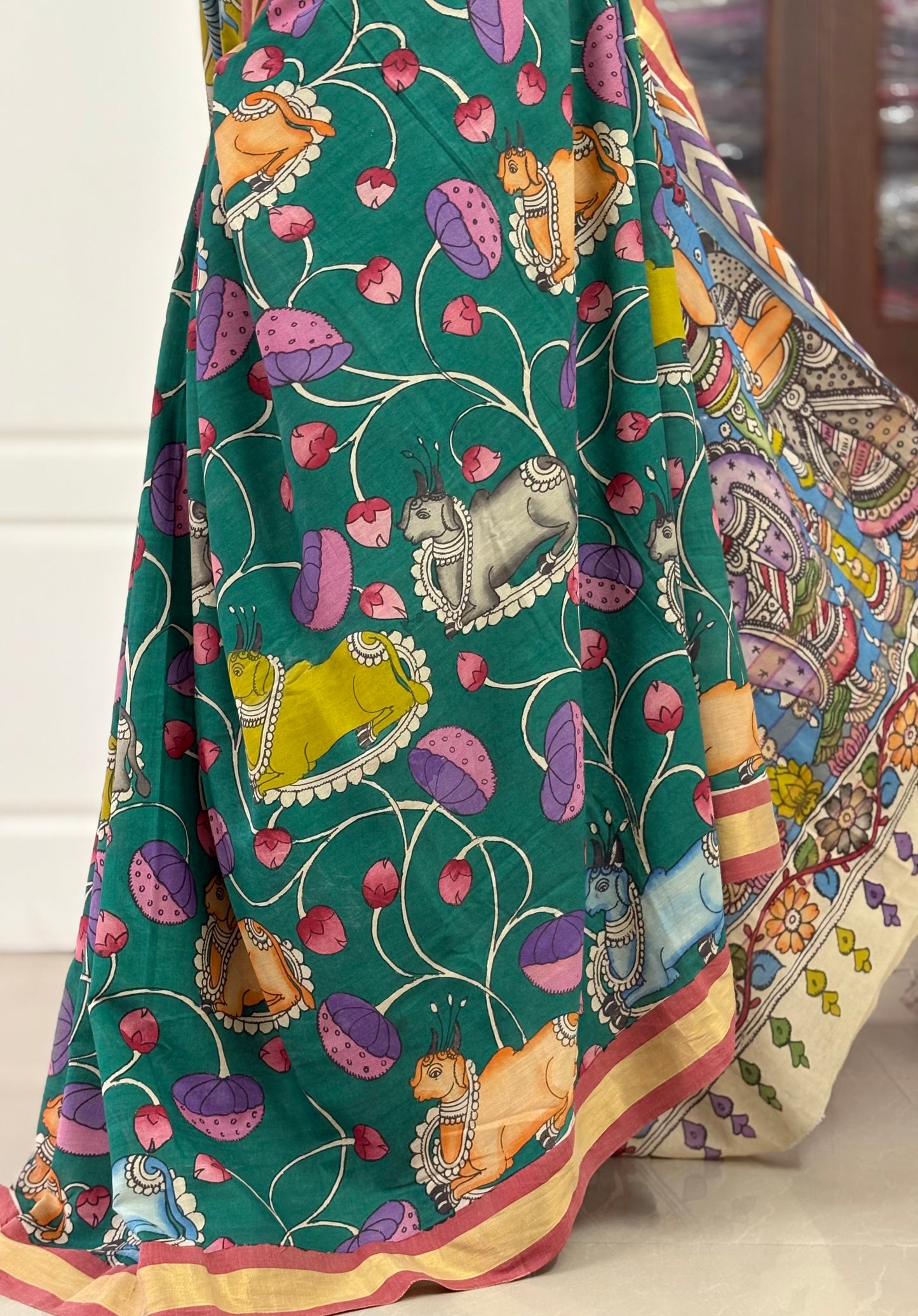 Pen Kalamkari hand painted pure cotton Saree with blouse