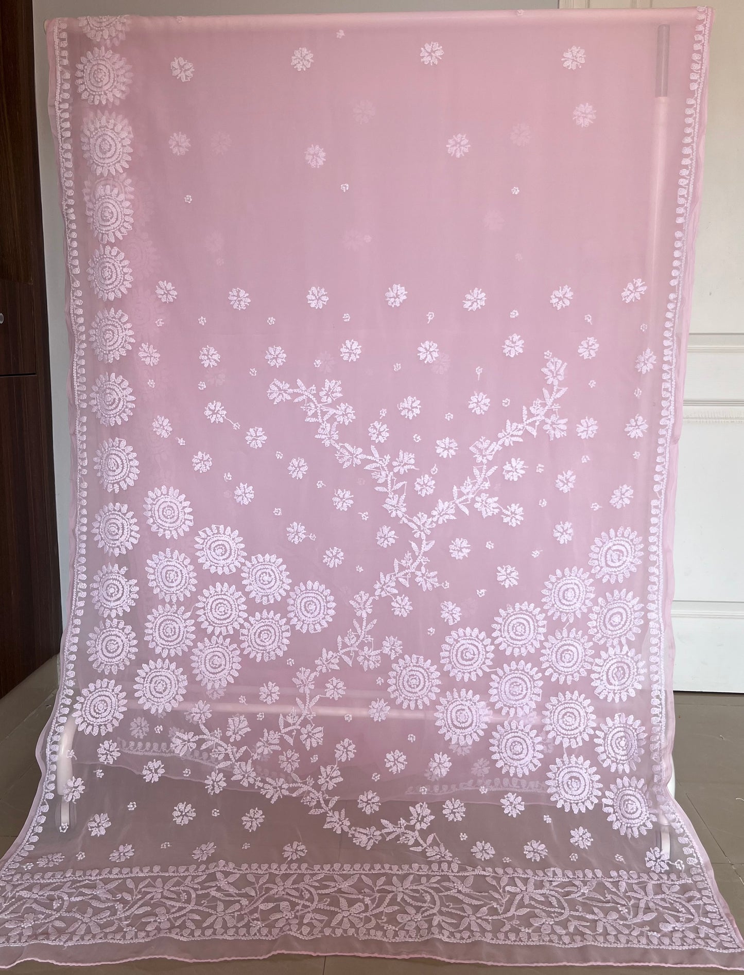 Light Pink Georgette Chikankari Work Hand Embroidered Saree
