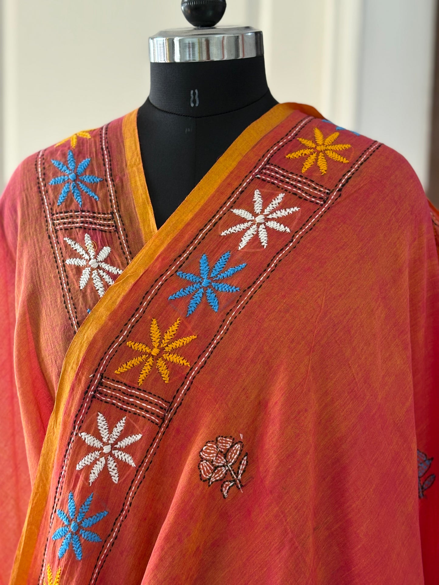 Kantha stitch Hand Embroidered Pure mul Cotton Saree