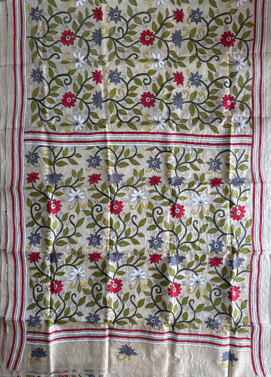 Kantha Stitch Hand Embroidered Pure Gachi by Gachi Tussar Silk Saree (Silk Marked)