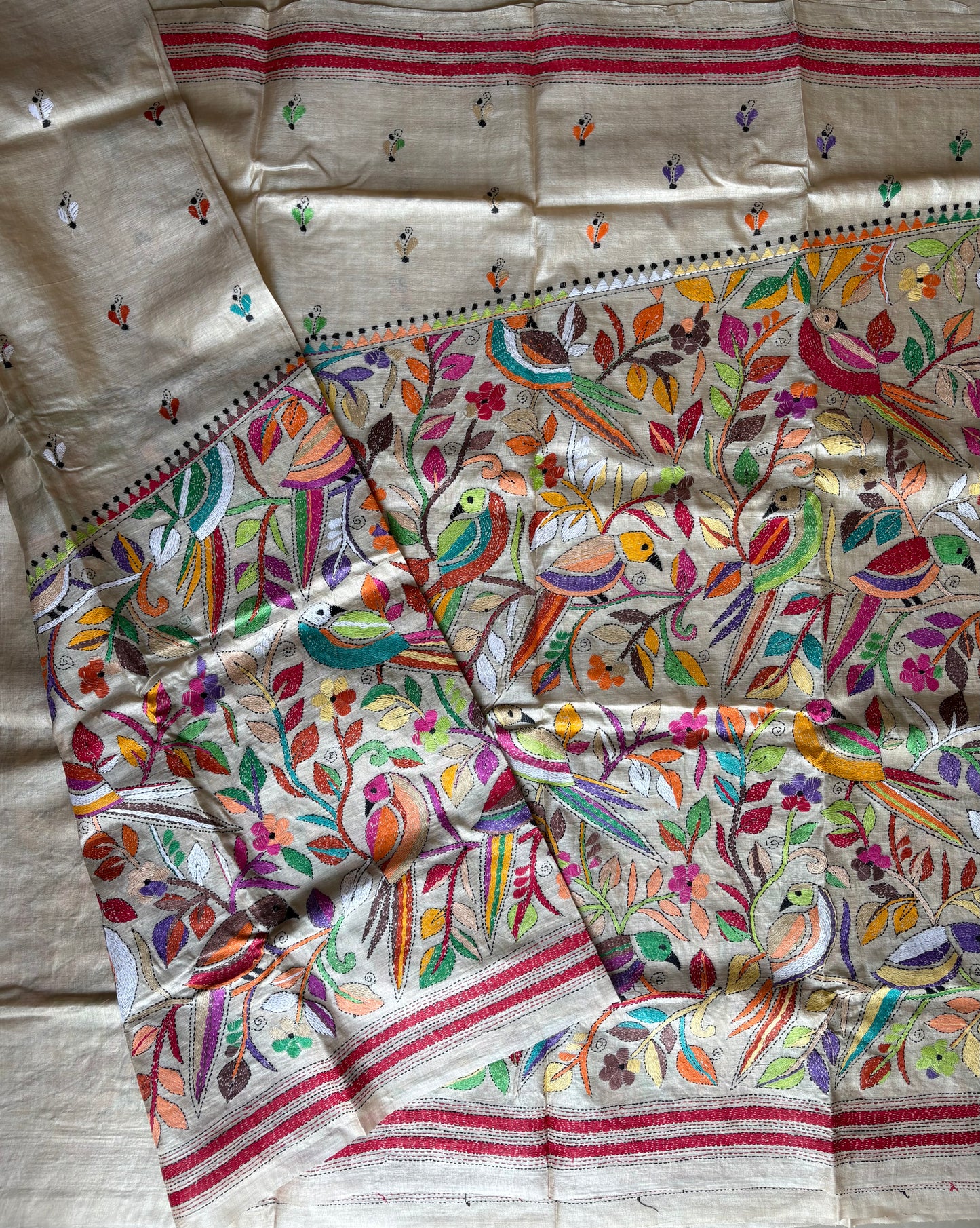 Kantha Stitch Hand Embroidered Pure Gachi Tussar Silk Saree (Silk Marked)