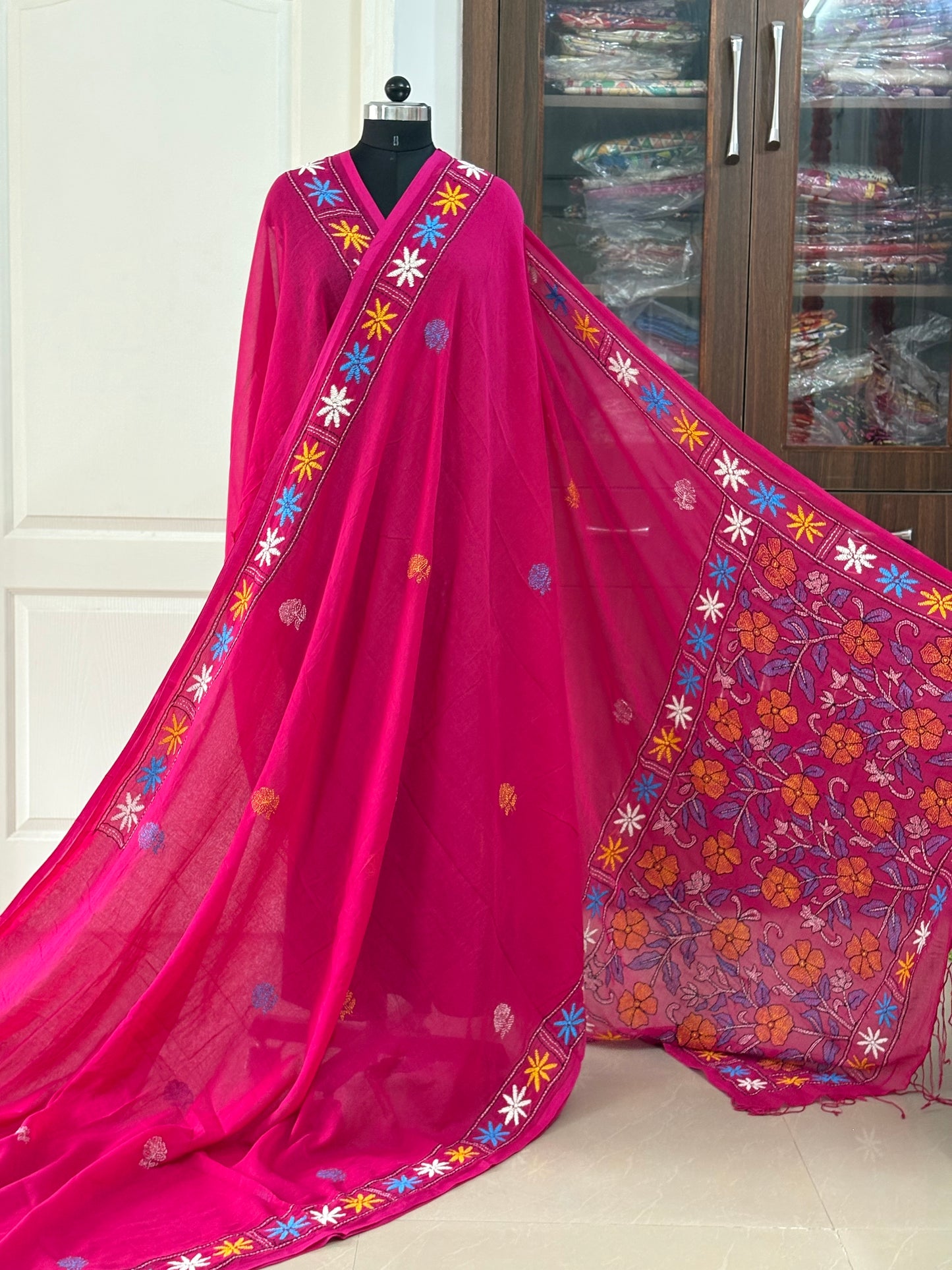 Kantha stitch Hand Embroidered Pure mul Cotton Saree