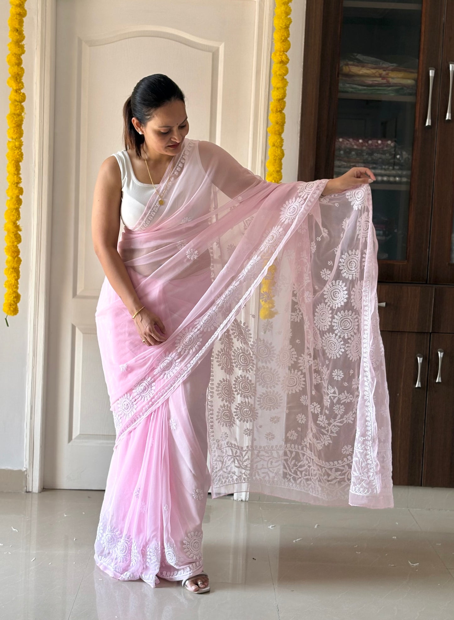 Light Pink Georgette Chikankari Work Hand Embroidered Saree