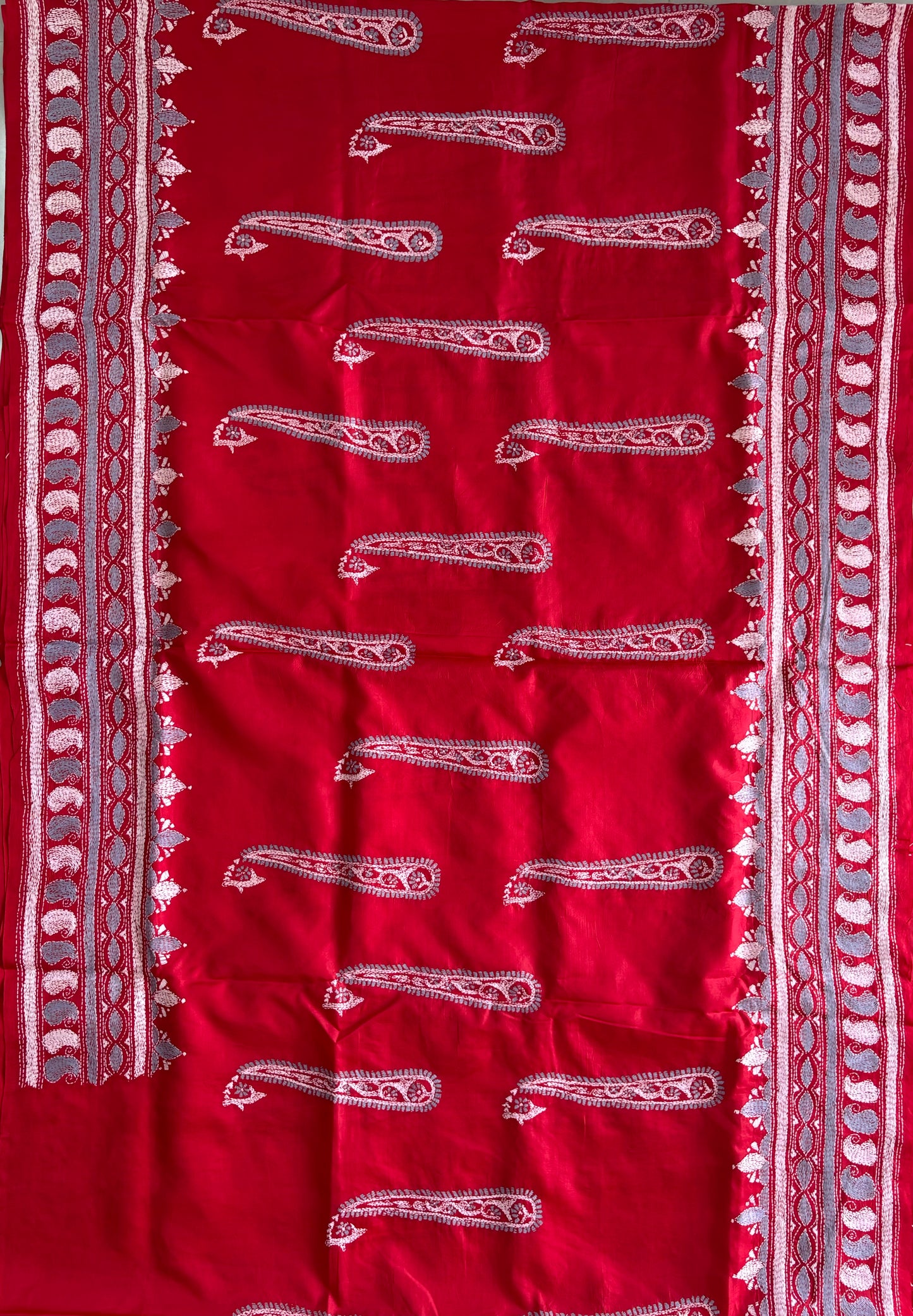 Red Kantha Stitch Hand Embroidered Pure Banglore Silk Saree (Silk Marked)