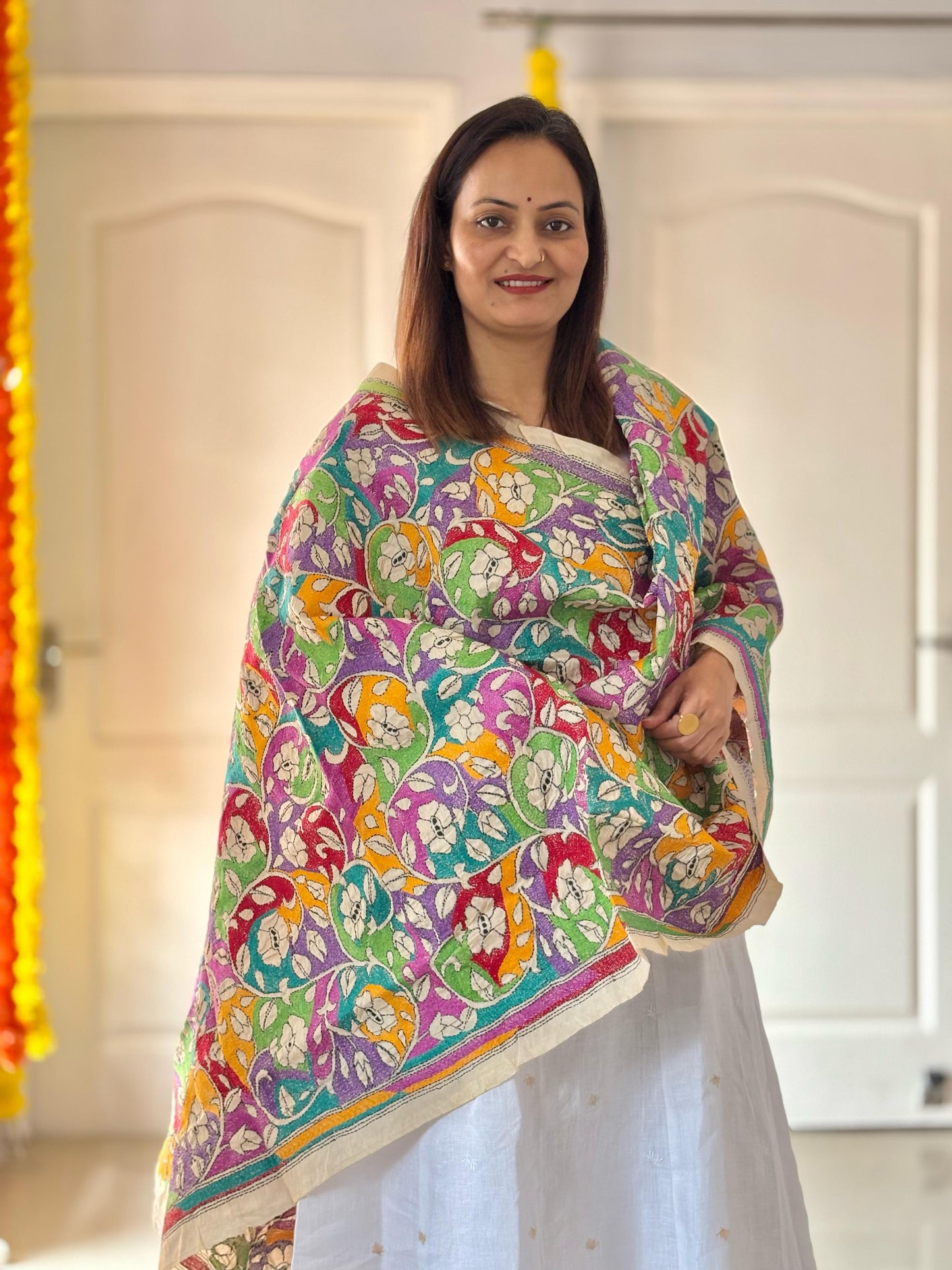 Kantha Hand Embroidary Full Work Semi Tusshar Silk Dupatta 36”