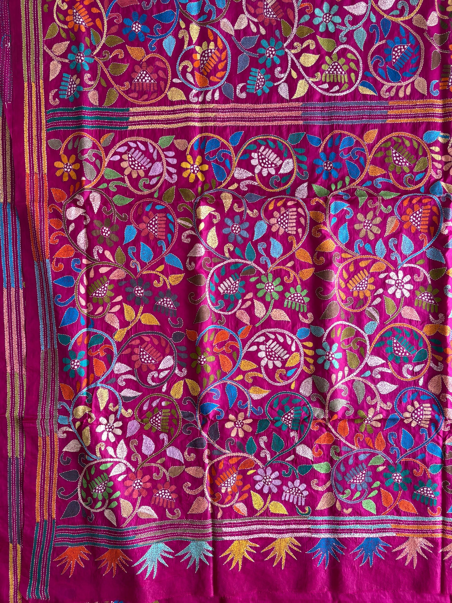 Kantha Stitch Hand Embroidered Pure Banglore Silk Batik Saree (Silk Marked)