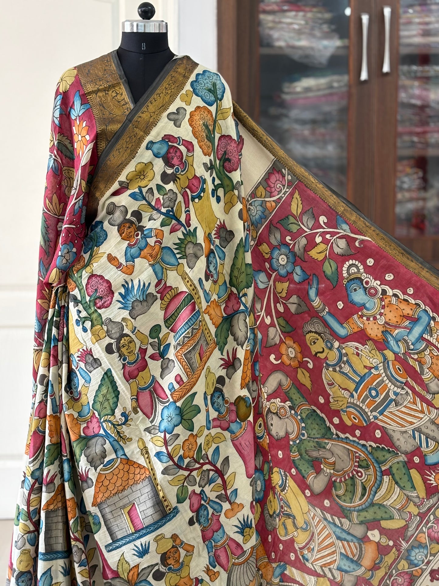Pen Kalamkari hand painted pure cotton Saree with blouse
