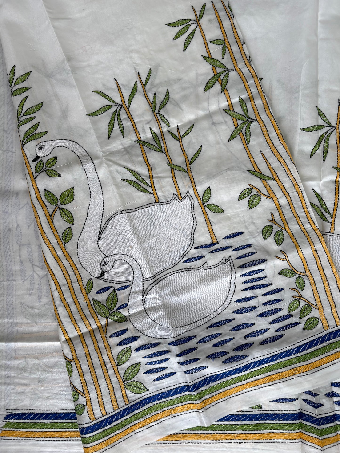 Off white Kantha stitch Saree in blended Bangalore Silk / Art Silk