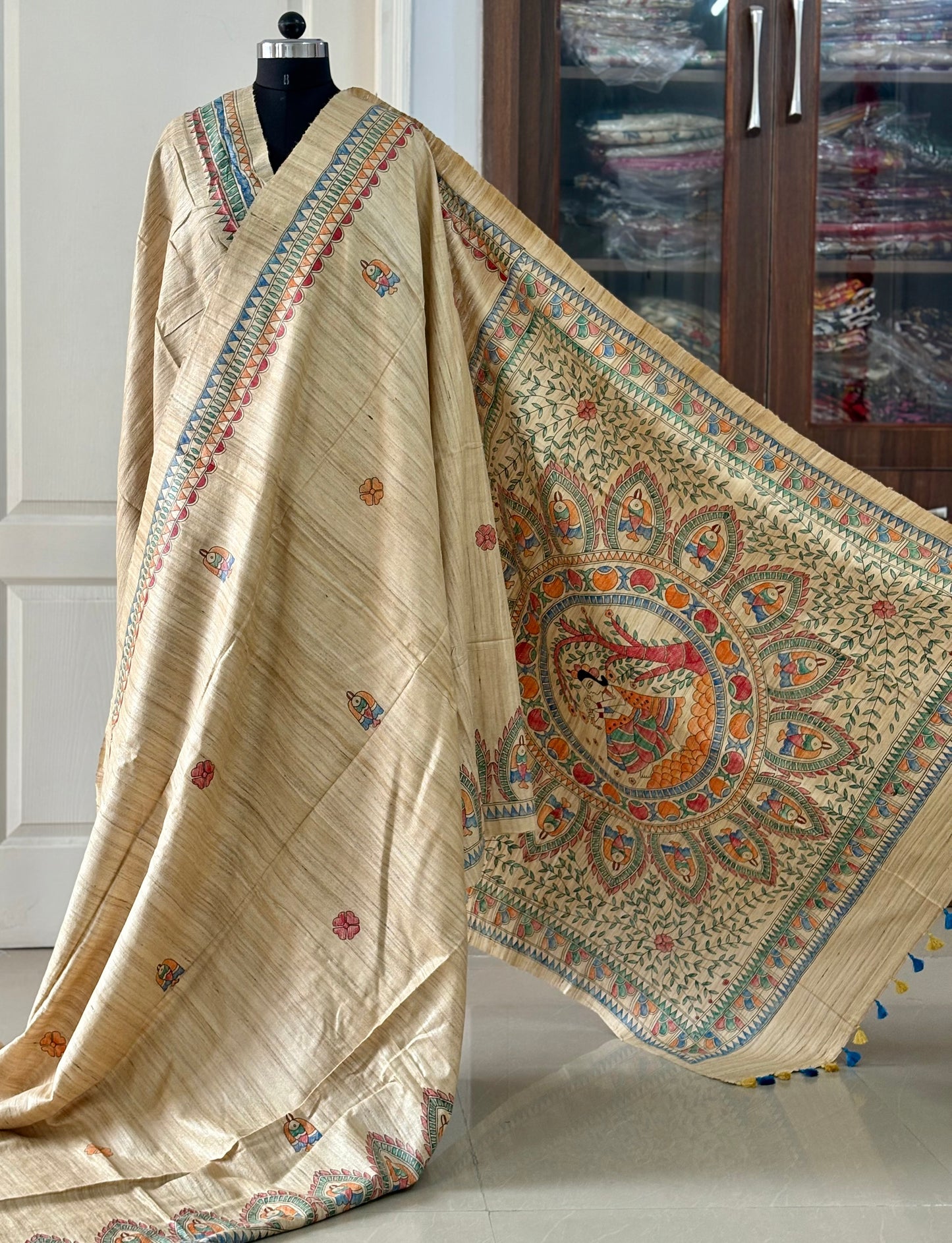 Pure Tussar Ghicha Silk Handcrafted Madhubani Saree (Silk Marked)