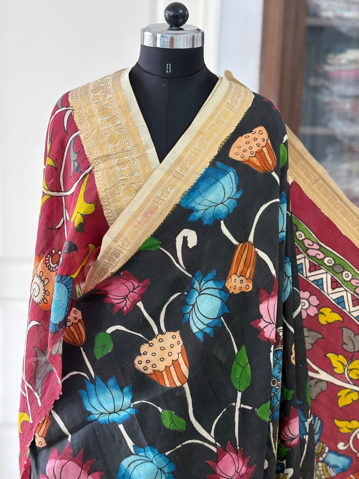 Pen Kalamkari hand painted Banglore Silk Saree with blouse