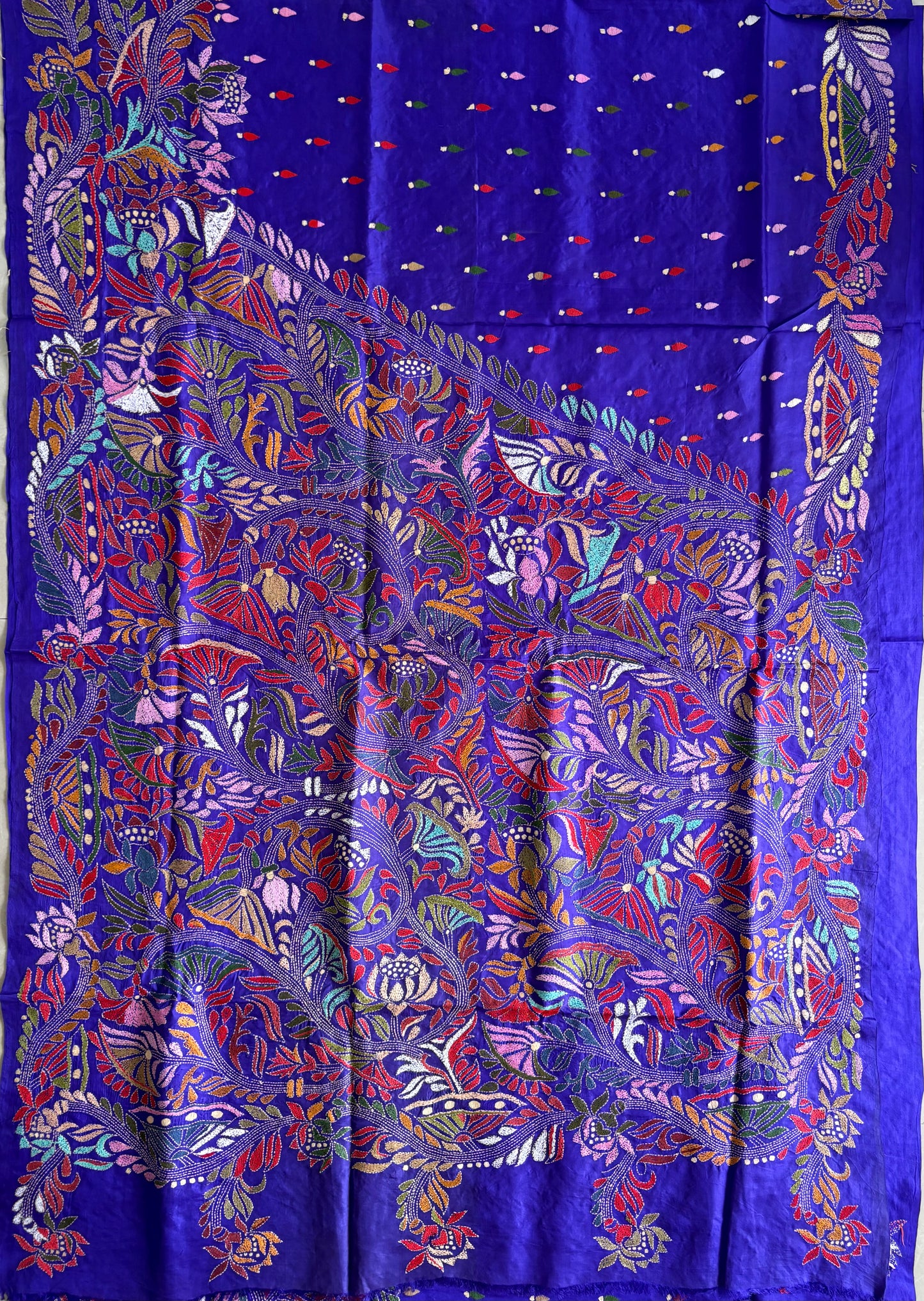 Blue Kantha Stitch Hand Embroidered Pure Banglore Silk Saree