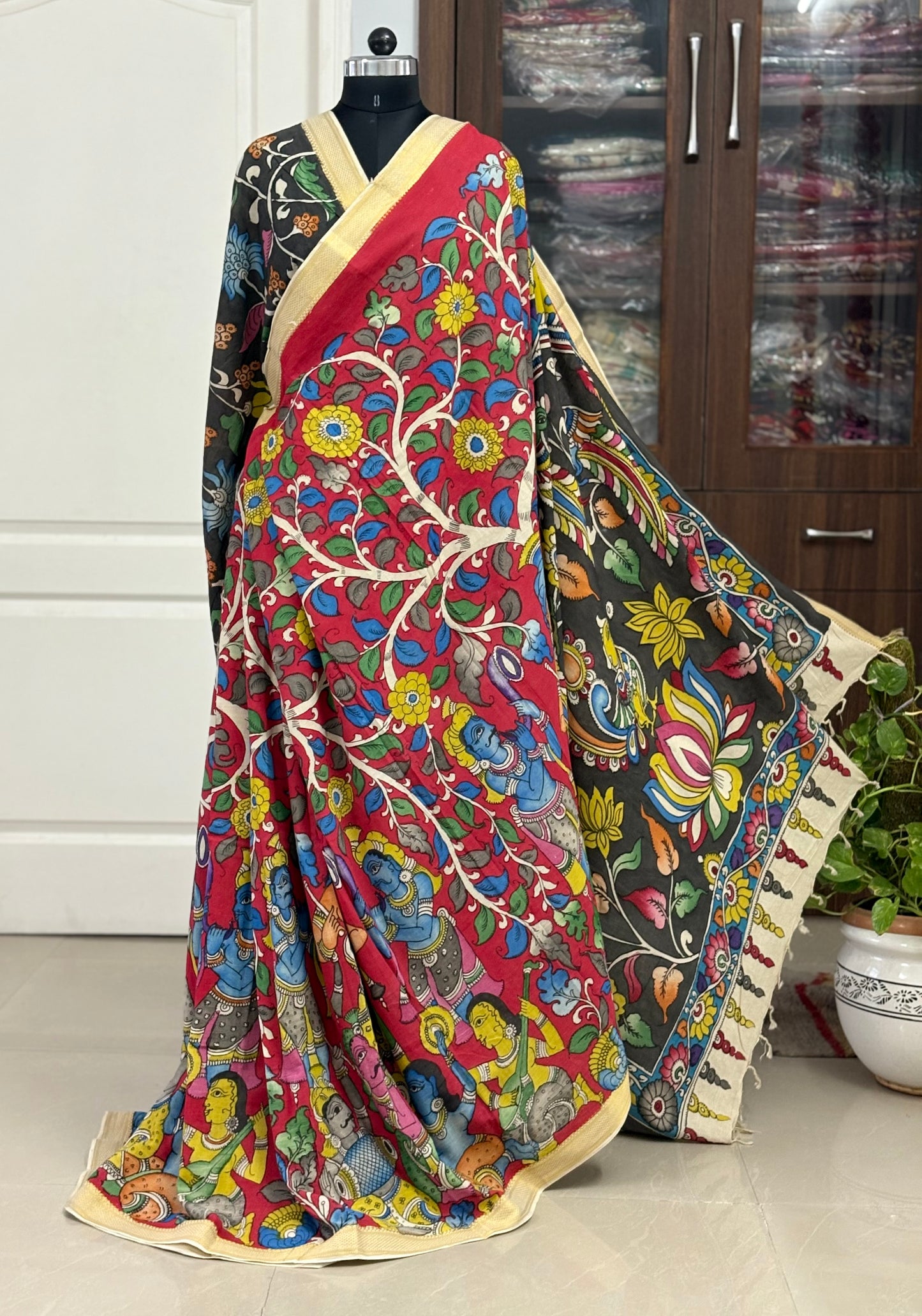 Pen Kalamkari hand painted pure cotton Saree with blouse