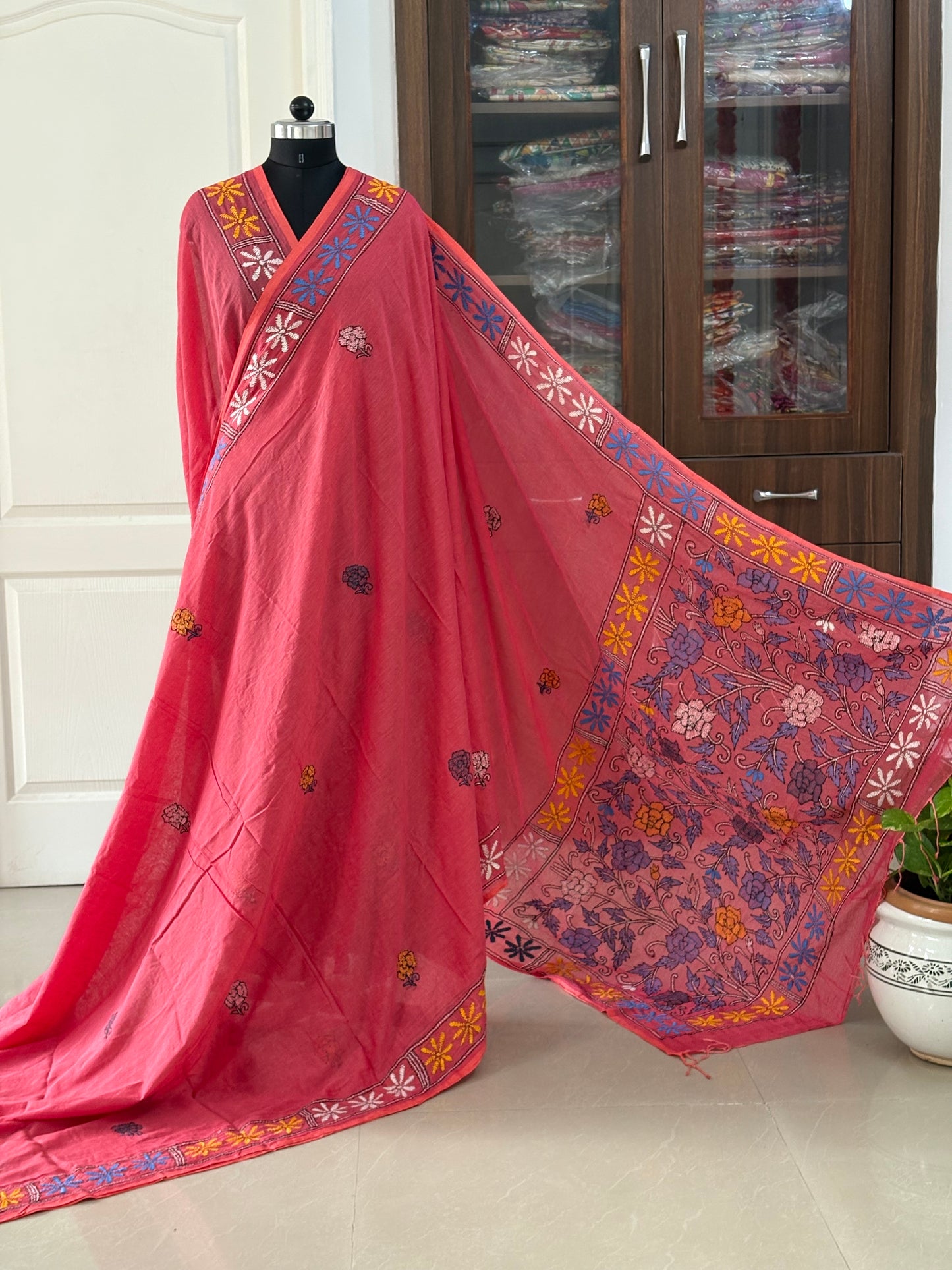 Kantha stitch Hand Embroidered Pure mul Cotton Saree