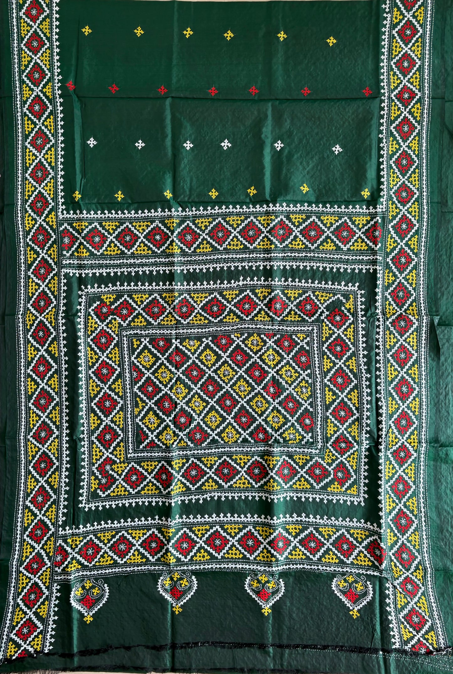 Kutch Hand Embroidered Pure Banglore Silk Saree – Green (Silk Marked)