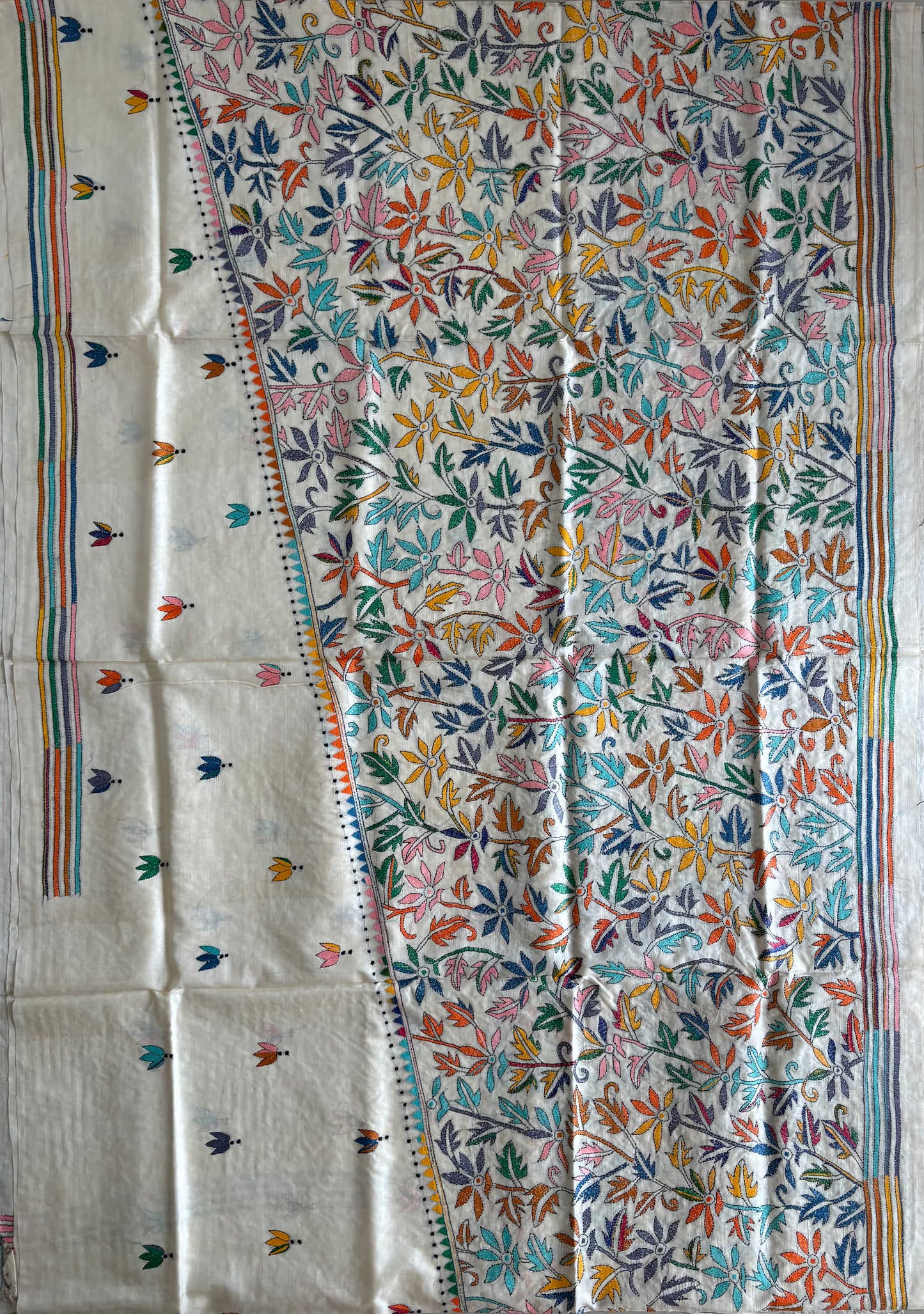 Off White Kantha Hand Embroidered Pure Tassar Silk Saree