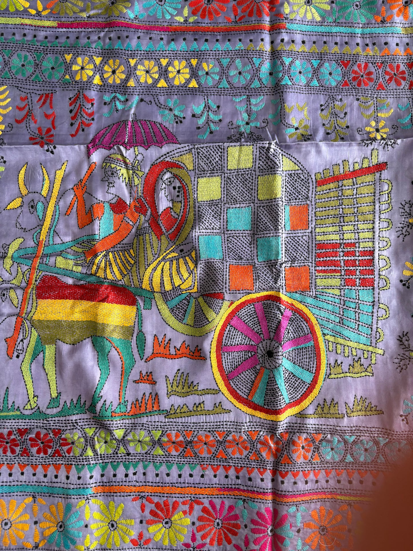 Hand work Kantha stitch Saree in Artificial silk