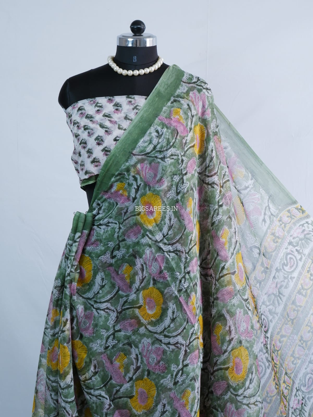 Hand Block Print Saree | Pure Chiffon | Green