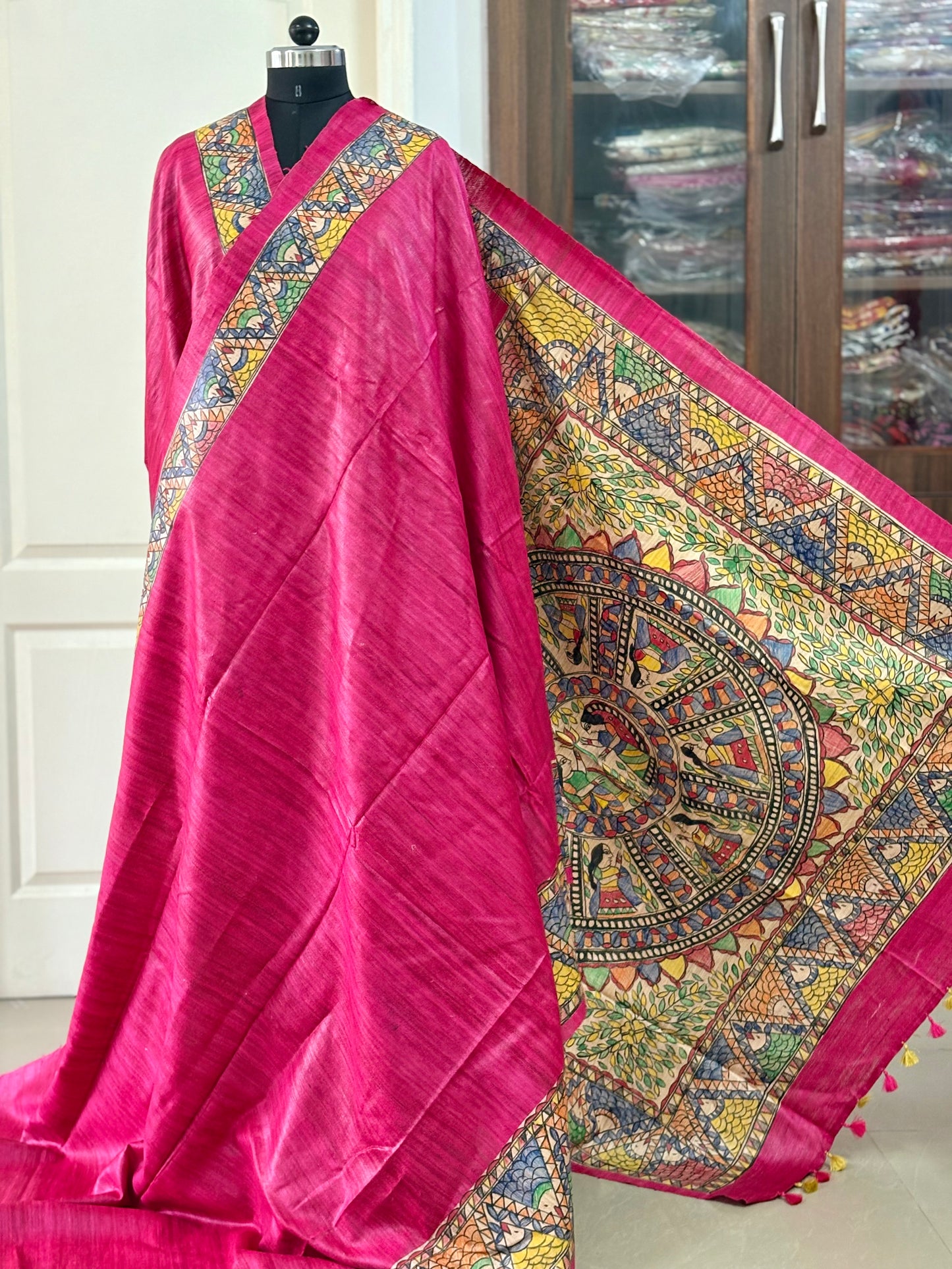 Pure Tussar Ghicha Silk Handcrafted Madhubani Saree (Silk Marked)